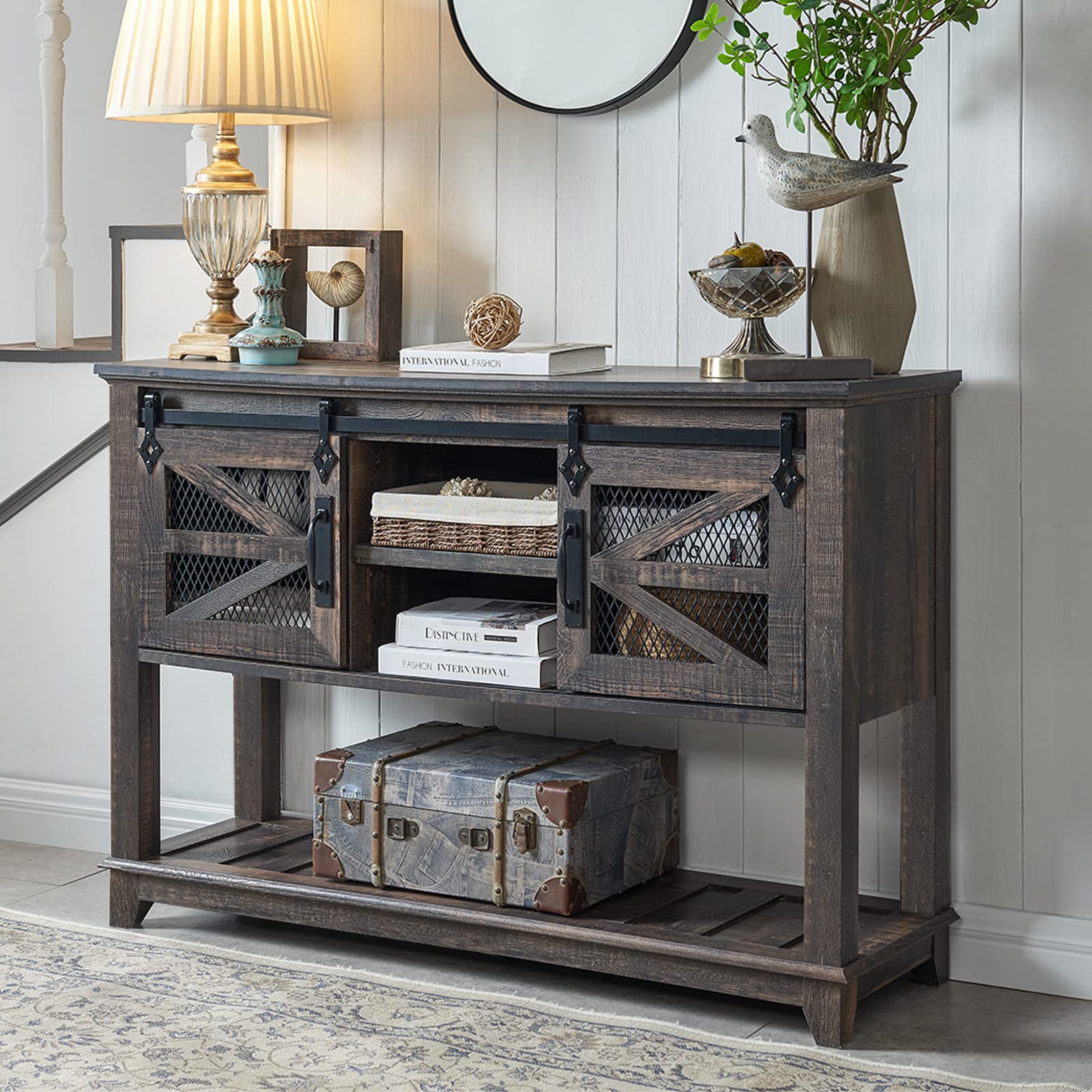 OKD 46'' Farmhouse Industrial Console Table with Sliding Barn Doors & Storage - Adjustable Shelf, Open Shelf - Entryway, Hallway, Living Room Sofa Table - Dark Rustic Oak Finish - Perfect for Small Spaces & Home Decor