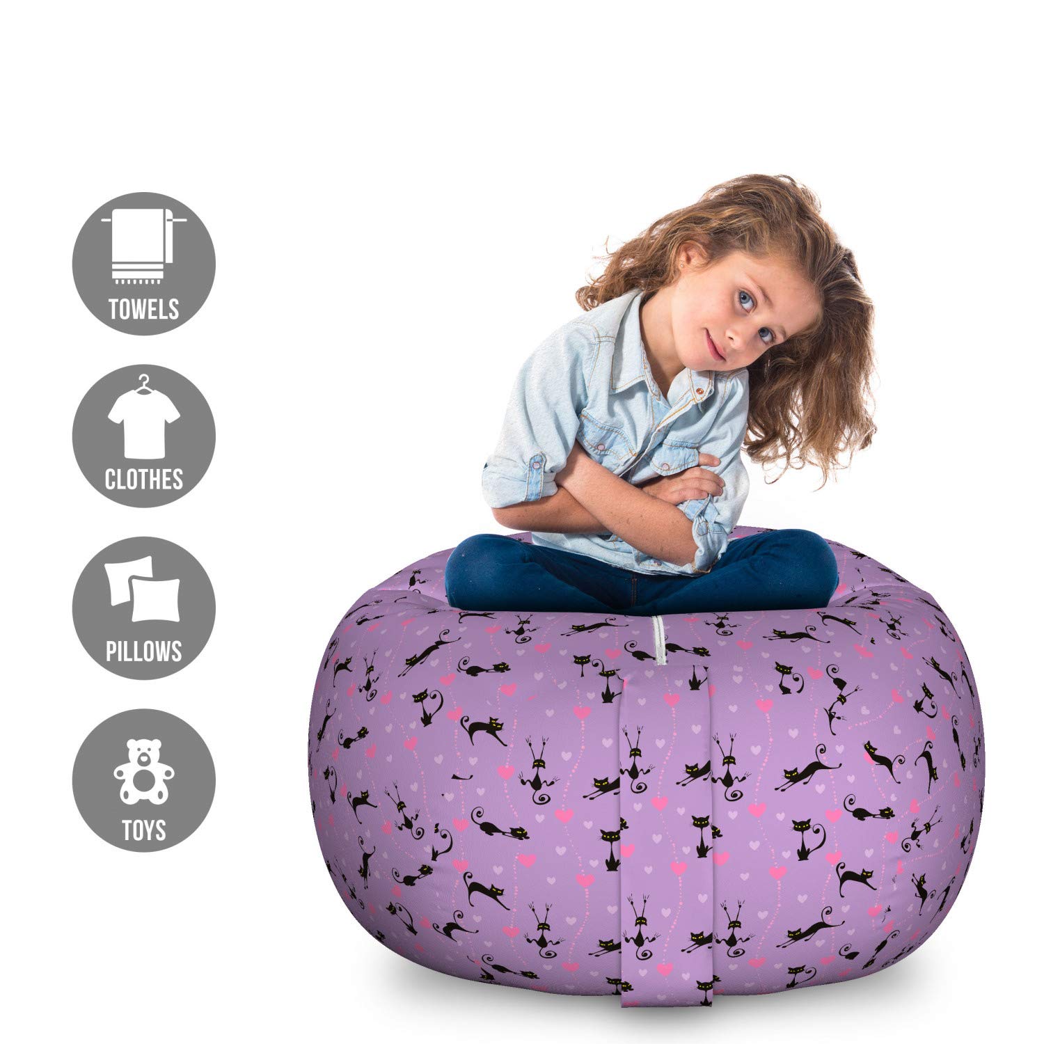 Ambesonne Large Washable Toy Storage Bag Chair - Purple Unlucky Black Cat with Heart Design, Stuffed Animal Organizer for Kids Room (Lavender Pink Black) | Perfect for Valentine's Day Gifts, Nursery Organization & Playroom Decor