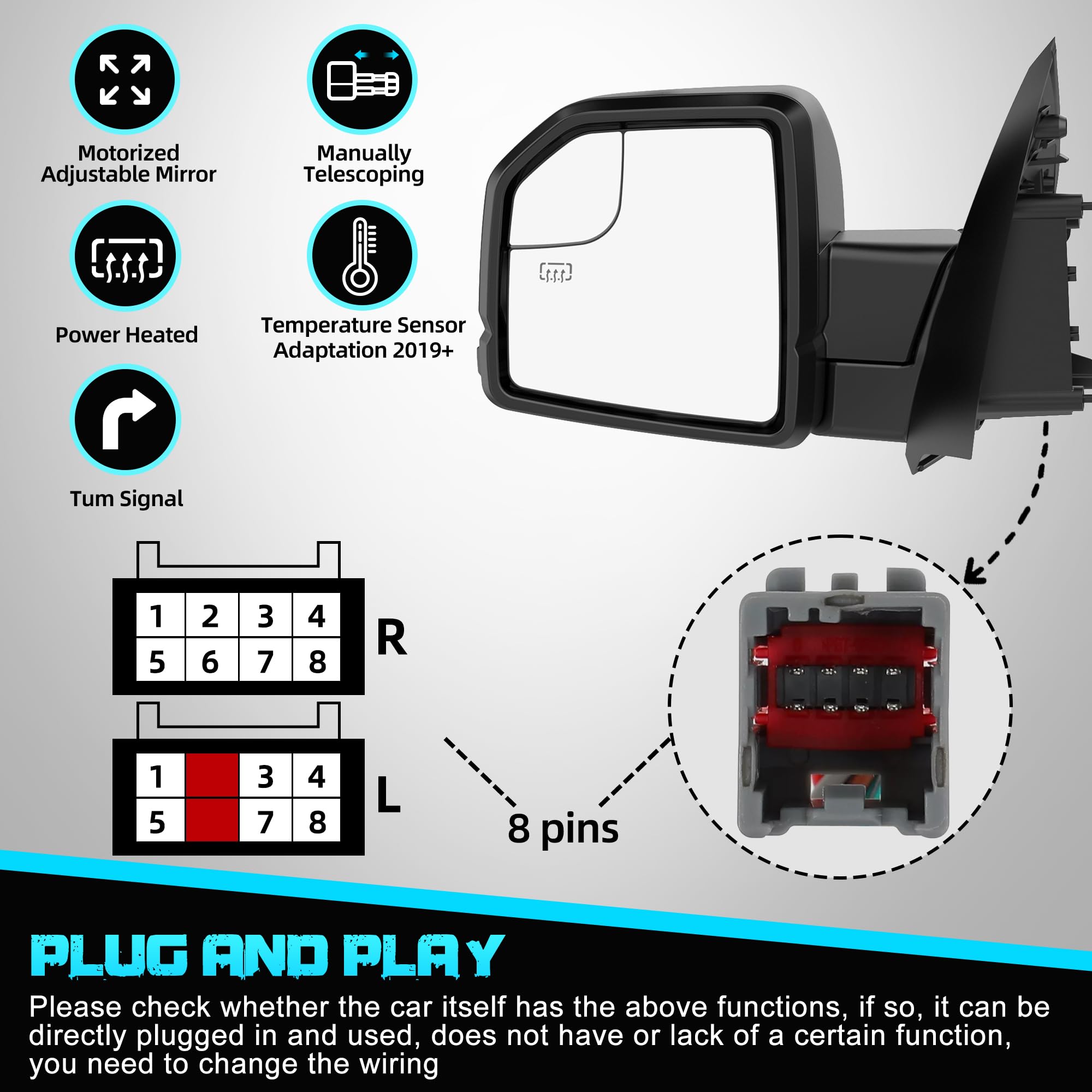 Heated Power Tow Mirrors for 2015-2020 Ford F150 - LED Turn Signal & Temperature Sensor - Perfect for Towing Trailers & Cold Weather Driving