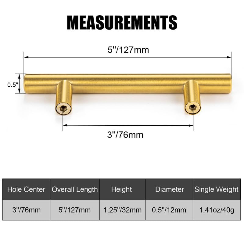 25 Pack 5 Inch Stainless Steel Cabinet Pulls & Drawer Handles - Brushed Brass Finish, 3