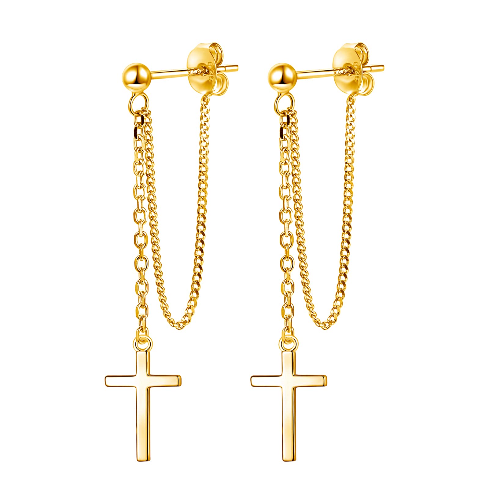 925 Sterling Silver Cross Dangle Drop Earrings for Women & Men - 18k Gold & Black Gold Plated Dainty Chain Stud Earrings | Perfect for Church, Gifts, and Everyday Wear
