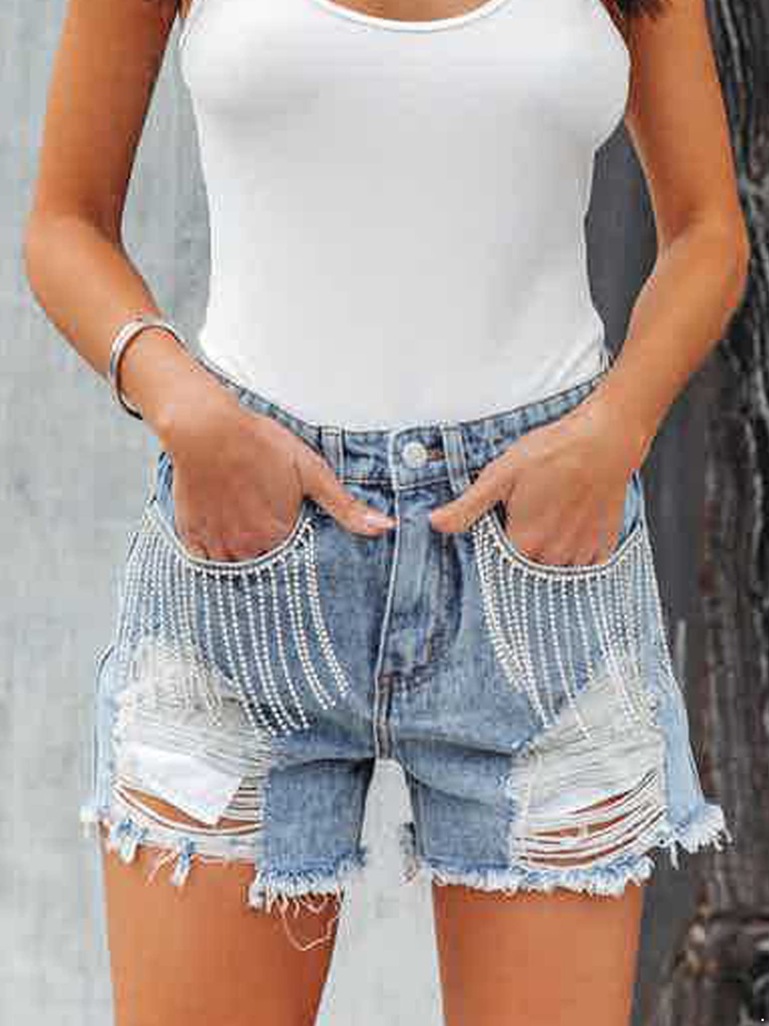 Women's Fashion Diamond Tassel Ripped Denim Shorts - Mid Rise Stretchy Frayed Raw Hem Fringed Jean Shorts for Summer Casual Wear & Beach Outfits