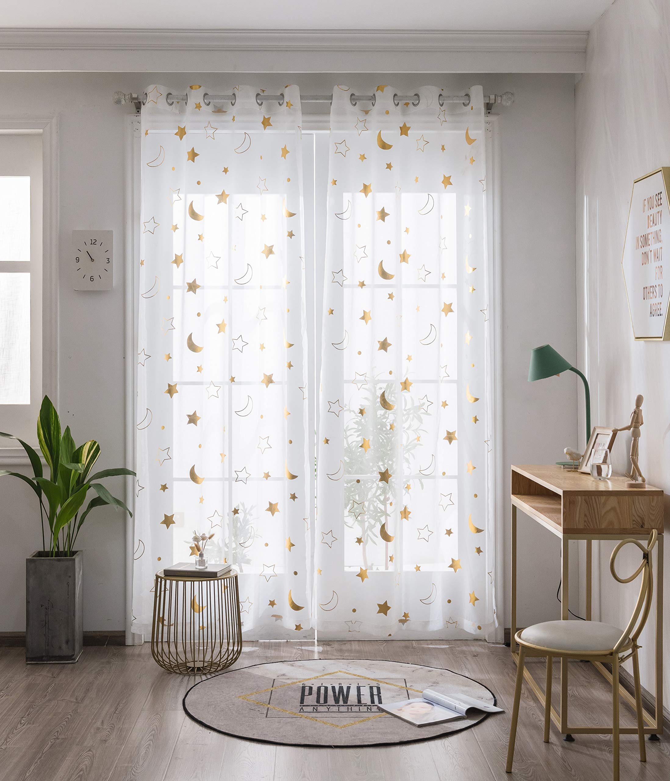 Gold Star and Moon Sheer Window Curtains for Girls Room - 63 Inch Long Grommet White Foil Printed Curtains (Set of 2 Panels) | Kids Bedroom Decor, Nursery, Playroom & Dorm Room Window Treatments