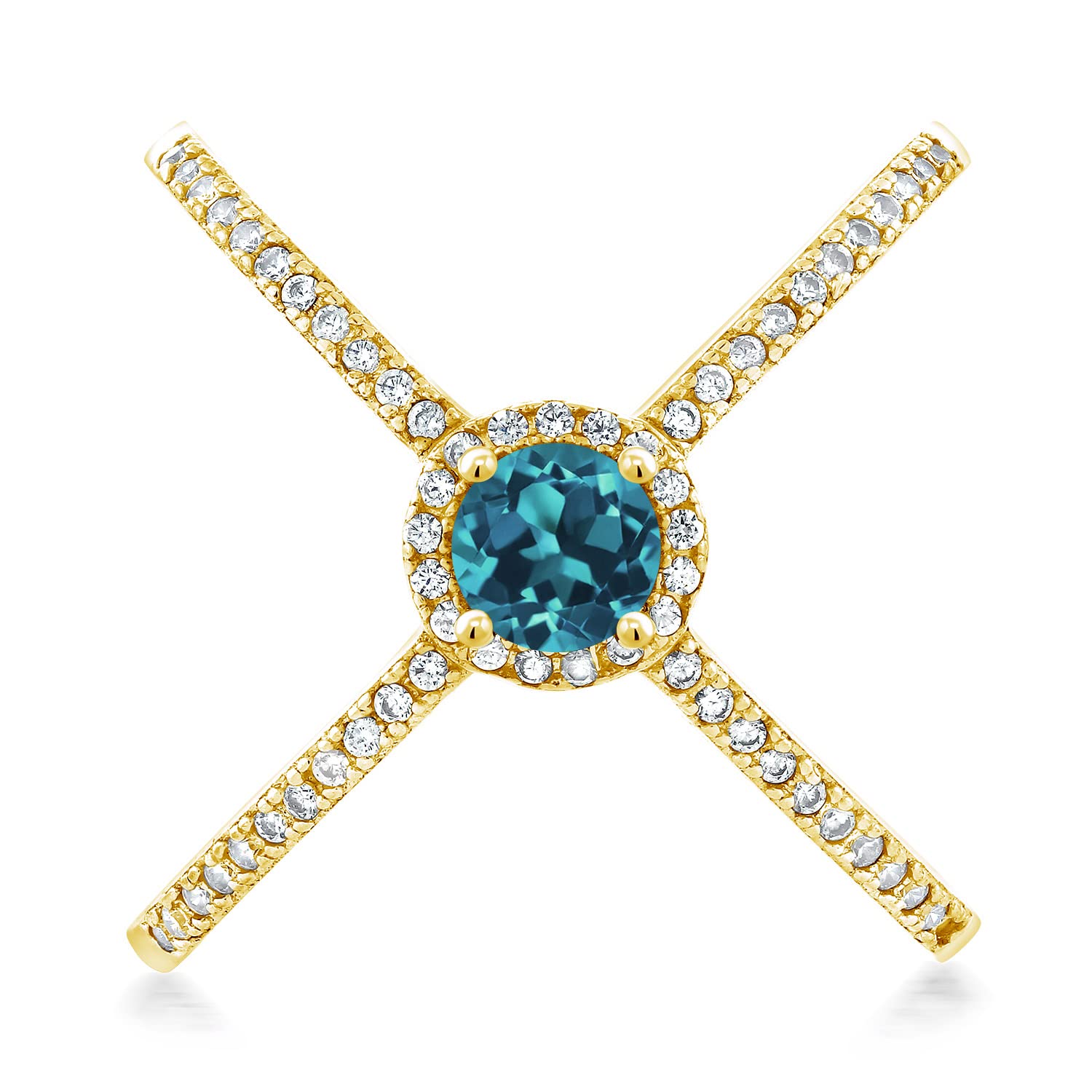 1.52 Ct London Blue Topaz Criss Cross X Ring - 18K Yellow Gold Plated Sterling Silver - Elegant Gemstone Jewelry for Women, Perfect for Weddings, Parties & Special Occasions