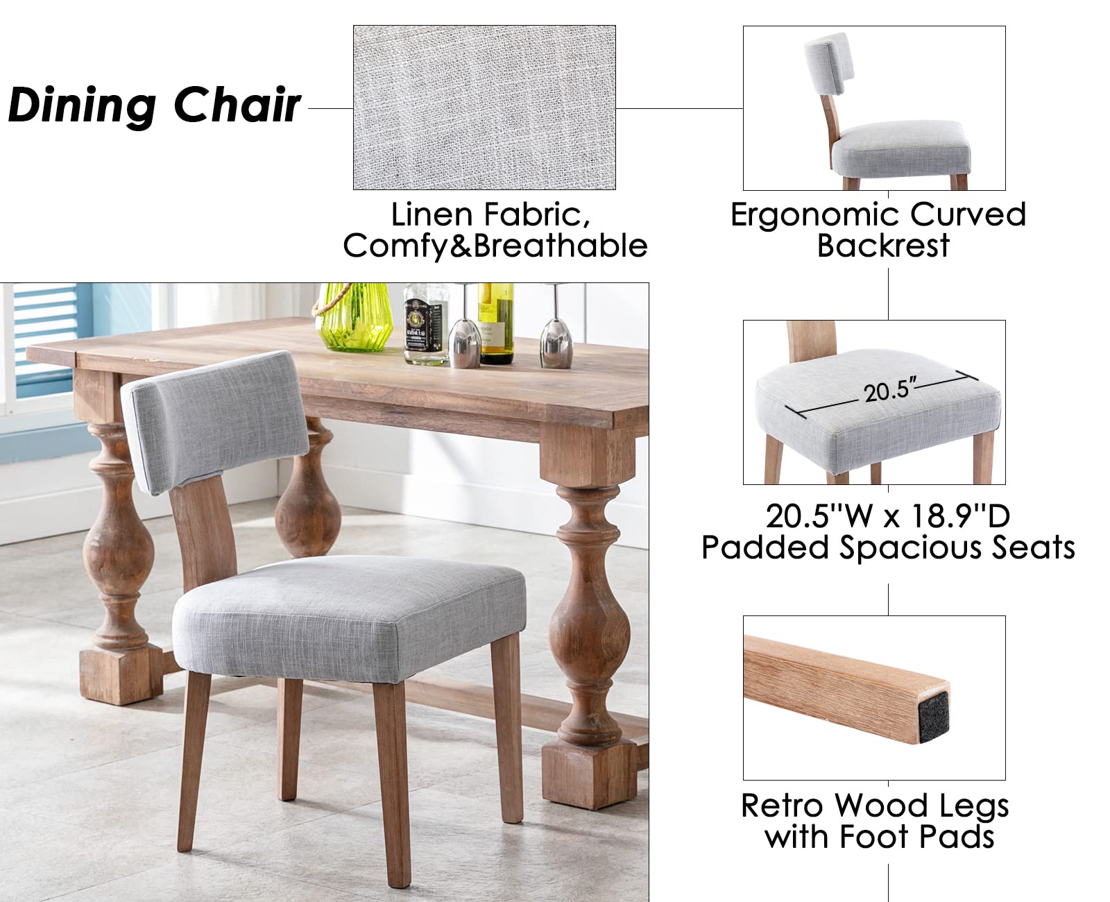 CIMOTA Mid Century Modern Upholstered Dining Chairs Set of 2 - Linen Grey Farmhouse Kitchen & Dining Room Chairs with Wood Frame & Curved Backrest - Perfect for Small Spaces, Breakfast Nooks & Cozy Dining Areas