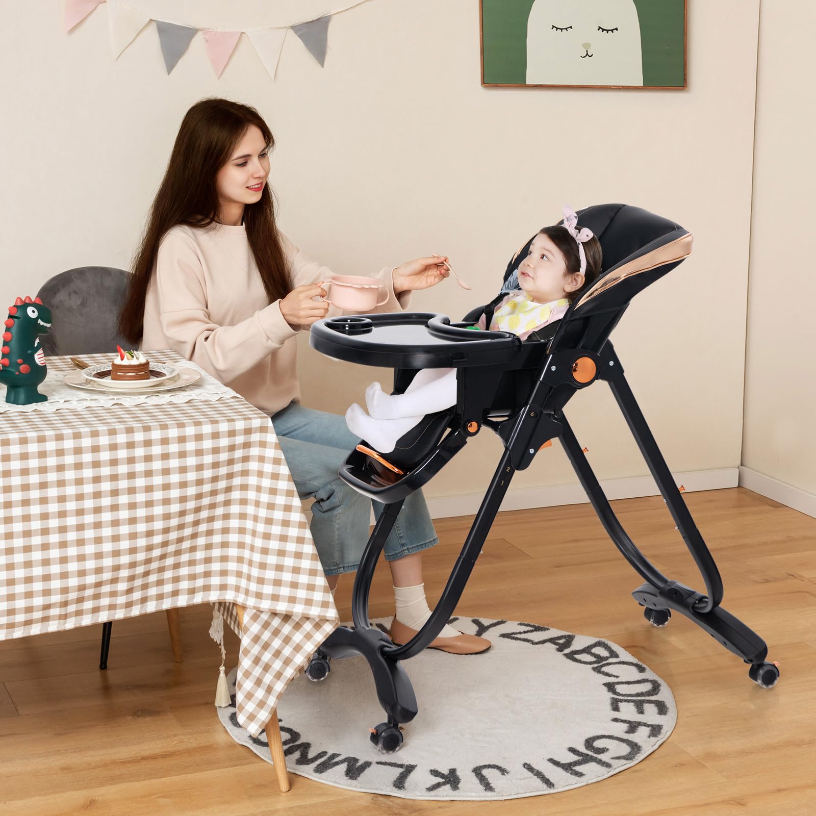 Baby Joy Foldable High Chair with Adjustable Height, Backrest & Footrest - Double Removable Tray & Wheels - Portable Dining Chair for Babies & Toddlers 6-36 Months (Black) - Perfect for Home, Restaurant & Travel Use