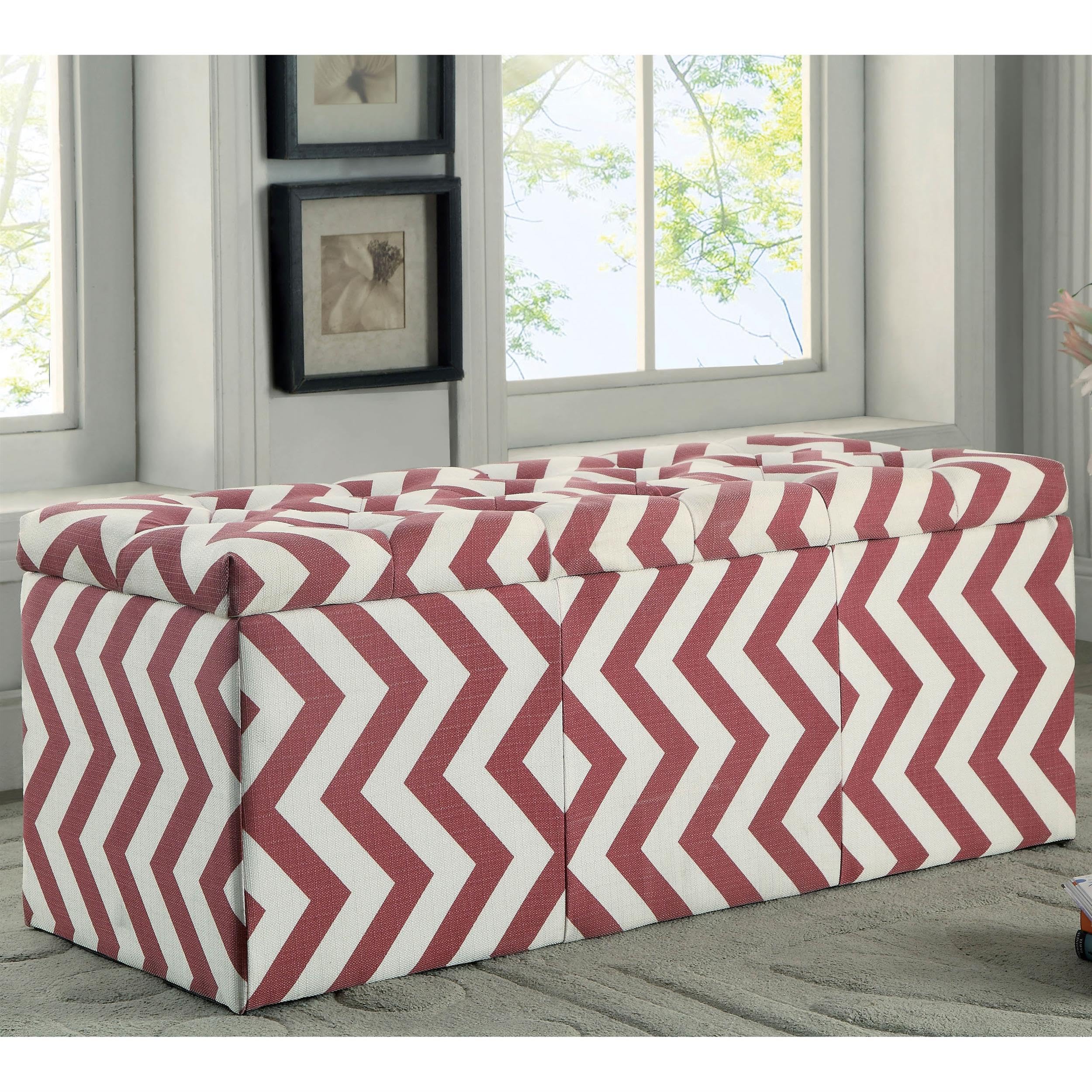 Furniture of America Laina Contemporary Fabric Storage Bench - Red Ottoman with Lift Top for Entryway, Bedroom & Living Room Organization