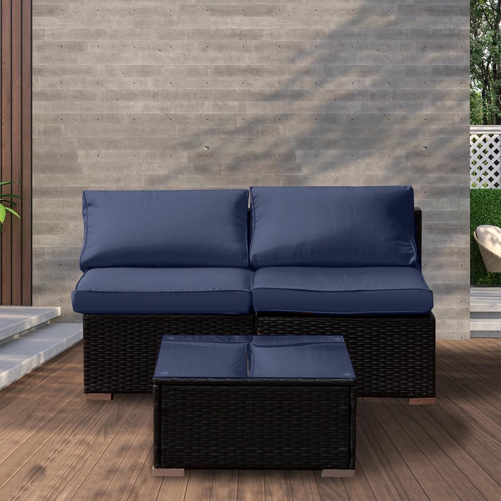 3PCs Outdoor Rattan Sectional Sofa Set - Waterproof Patio Wicker Furniture with Washable Cushions (Dark Blue) for Backyard, Garden & Poolside Relaxation