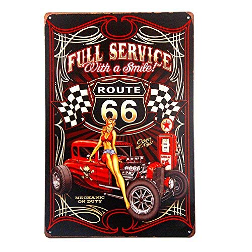 Vintage Route 66 Metal Wall Sign - 12x16 Inch Retro Hot Rod Garage Art with Pin-Up Girls | Perfect for Man Cave, Bar Decor & Automotive Enthusiast Gifts