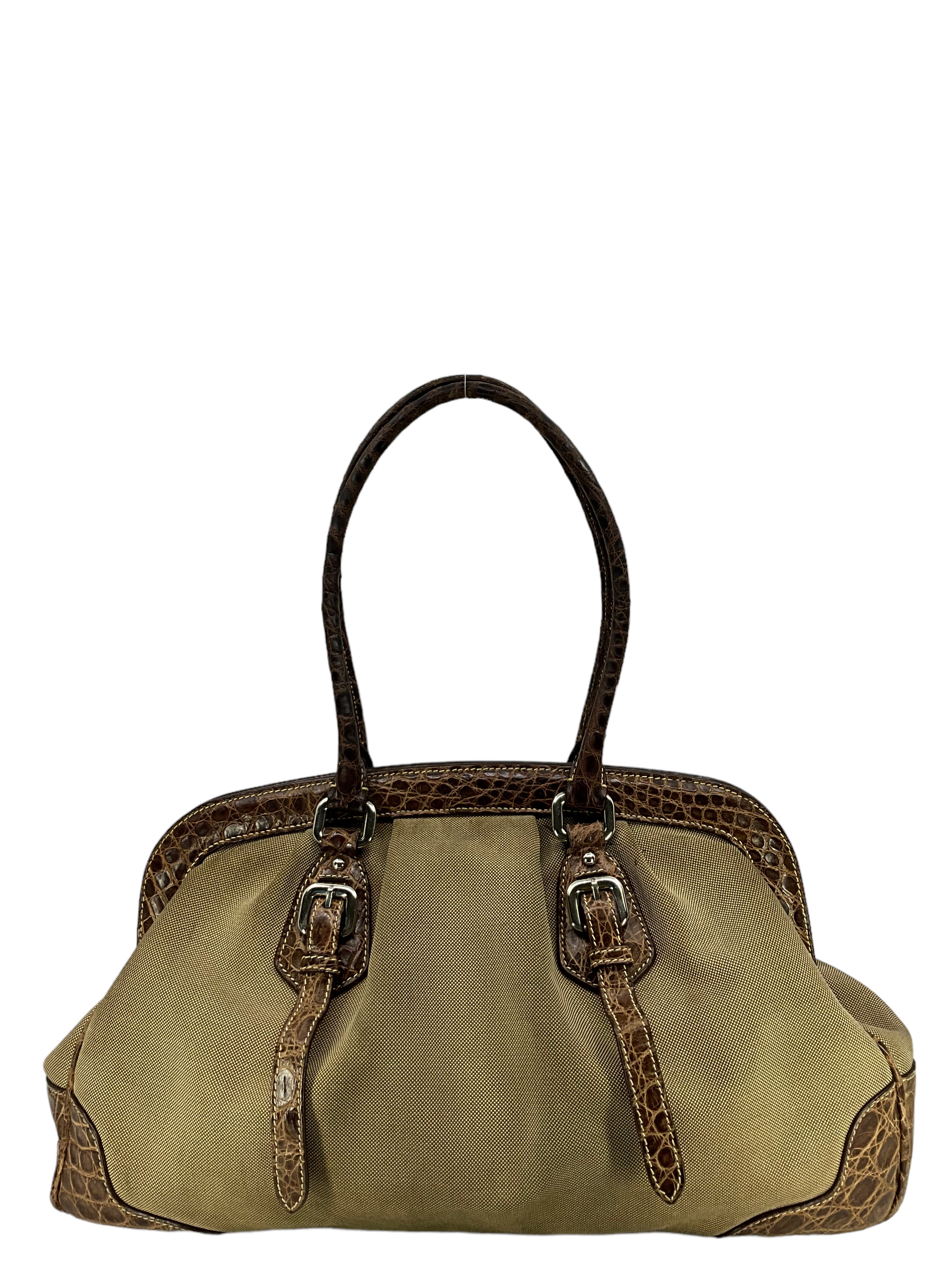 Prada Handbag for Women - Brown Crocodile Leather & Canvas Designer Shoulder Bag | Luxury Fashion Accessory for Work, Party & Everyday Use