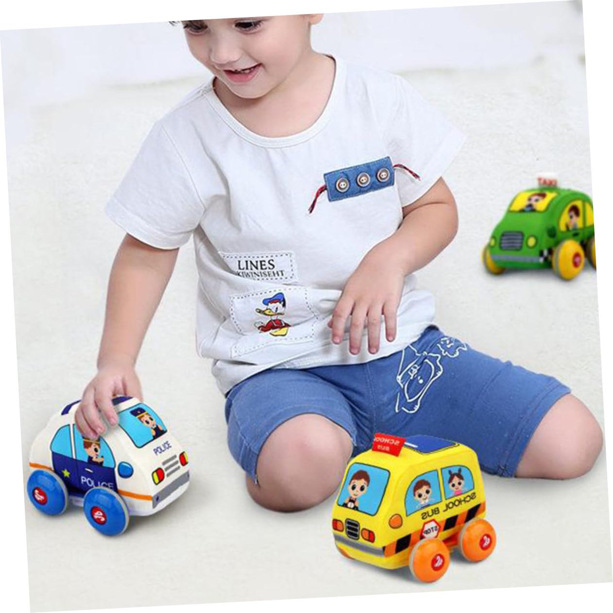 Vaguelly 4-Piece Fabric Pull-Along Cartoon Vehicle Toy Set for Toddlers - Early Learning Car Toys with Fraction Design - Perfect for Playtime, Cognitive Development & Road Trip Entertainment