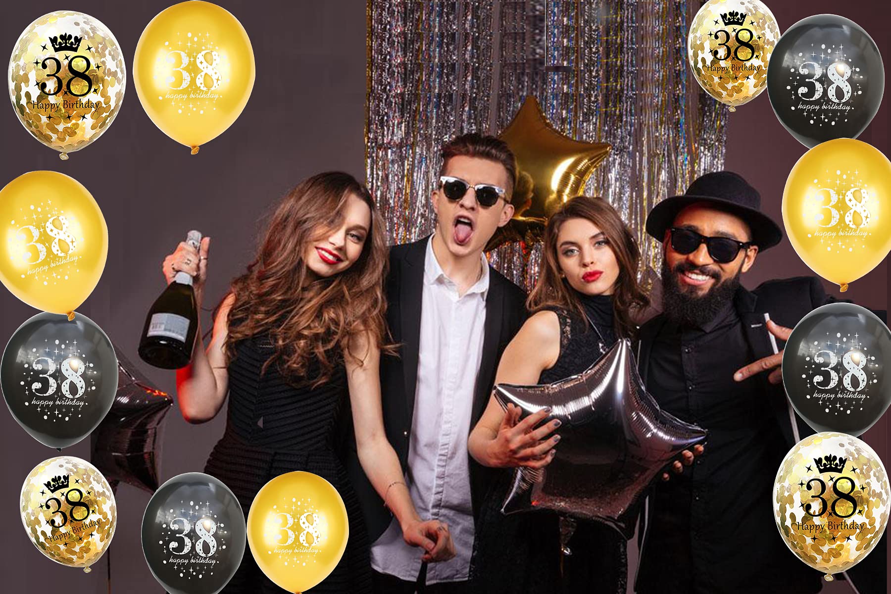**Jonhamwelbor 38th Birthday Balloons - 15pcs 12 Inch Black Gold Confetti Printed Latex Balloons for Men & Women - Perfect for Birthday Party Decorations, Anniversary Celebrations & Milestone Events**