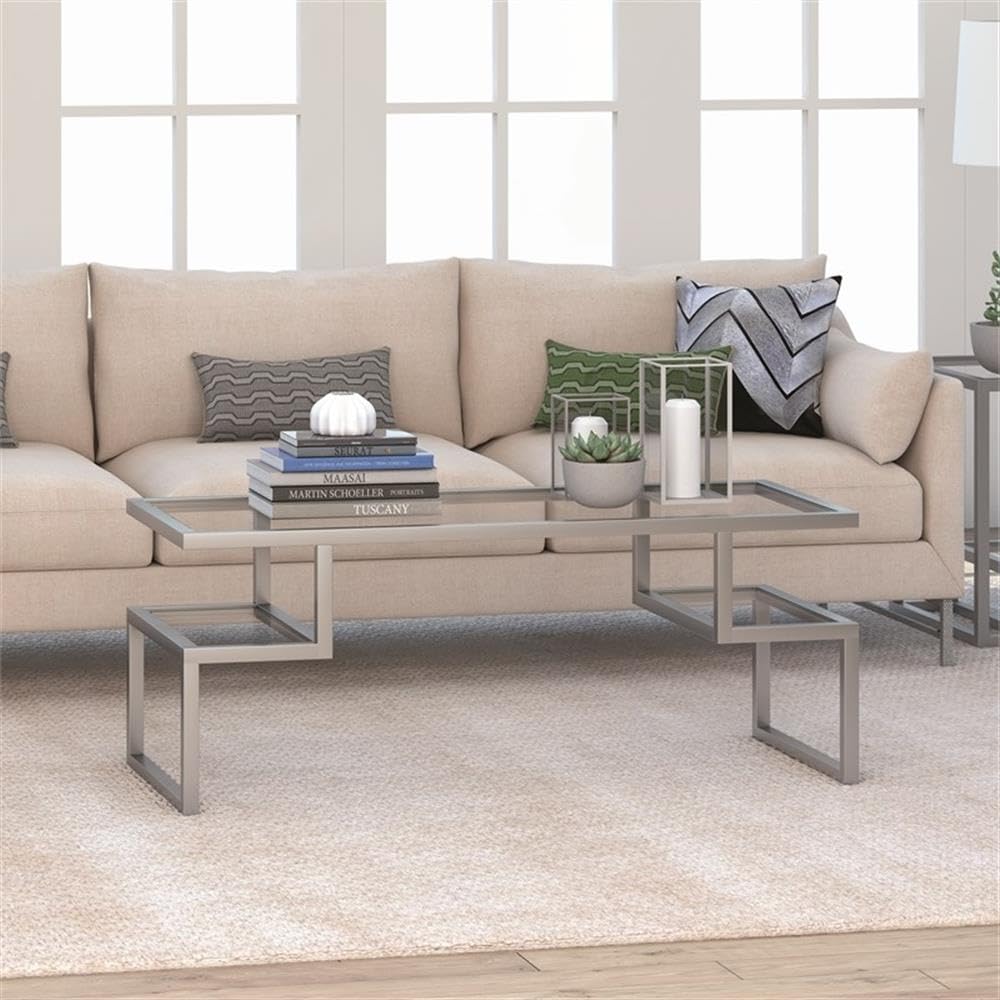 Modern Metal Hollywood Coffee Table with Satin Nickel & Gray Finish, Tempered Glass Top - Perfect for Living Room, Lounge & Office Decor
