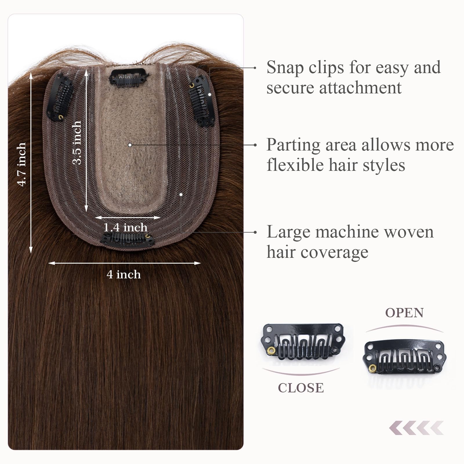 100% Real Human Hair Topper for Women - 18 Inch Medium Brown Hairpiece with 4