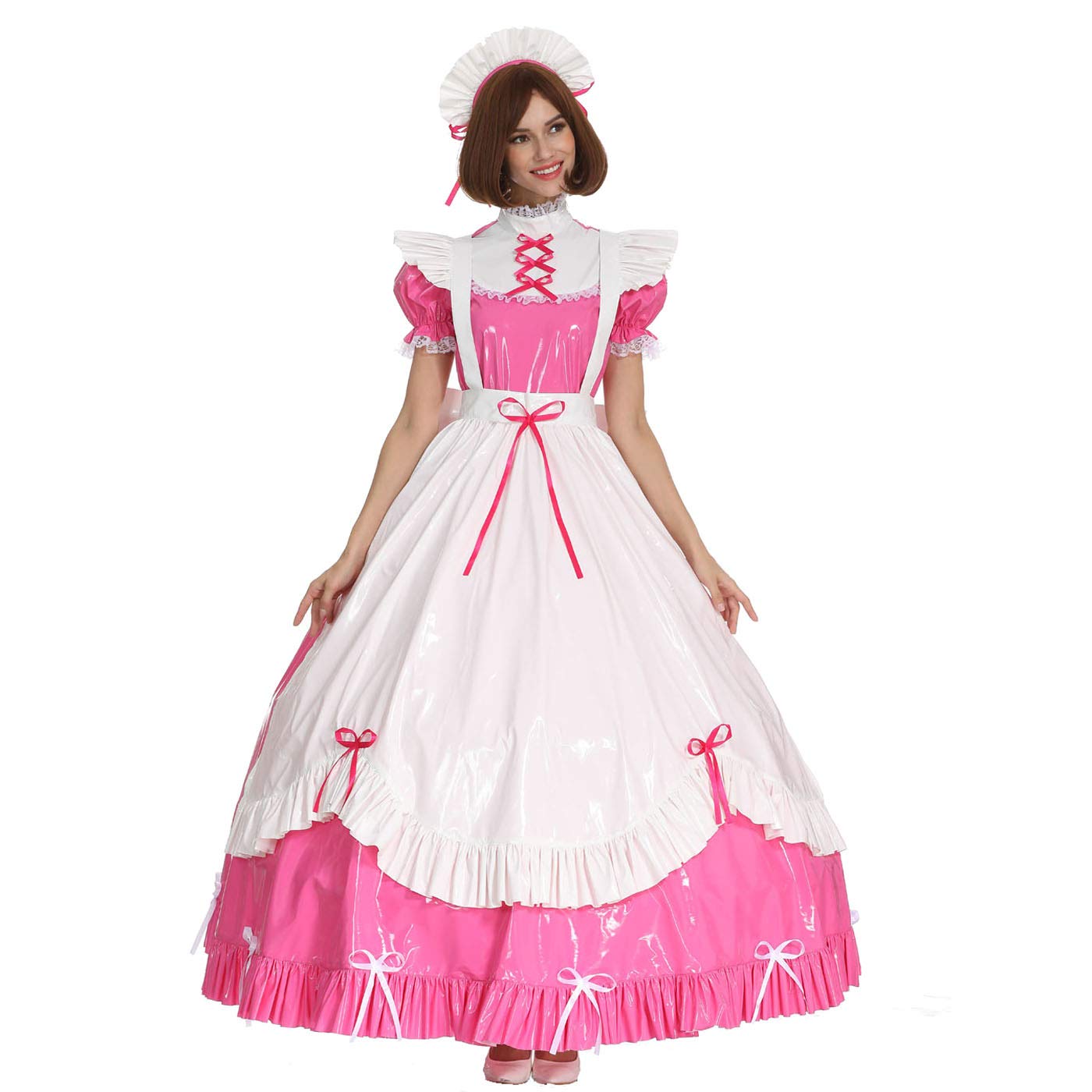Sexy French Maid Costume for Women - Gothic Lace Bow & PVC Lockable Dress, Long or Short Sleeves | Halloween Cosplay, Bachelorette Party, Role Play Outfit