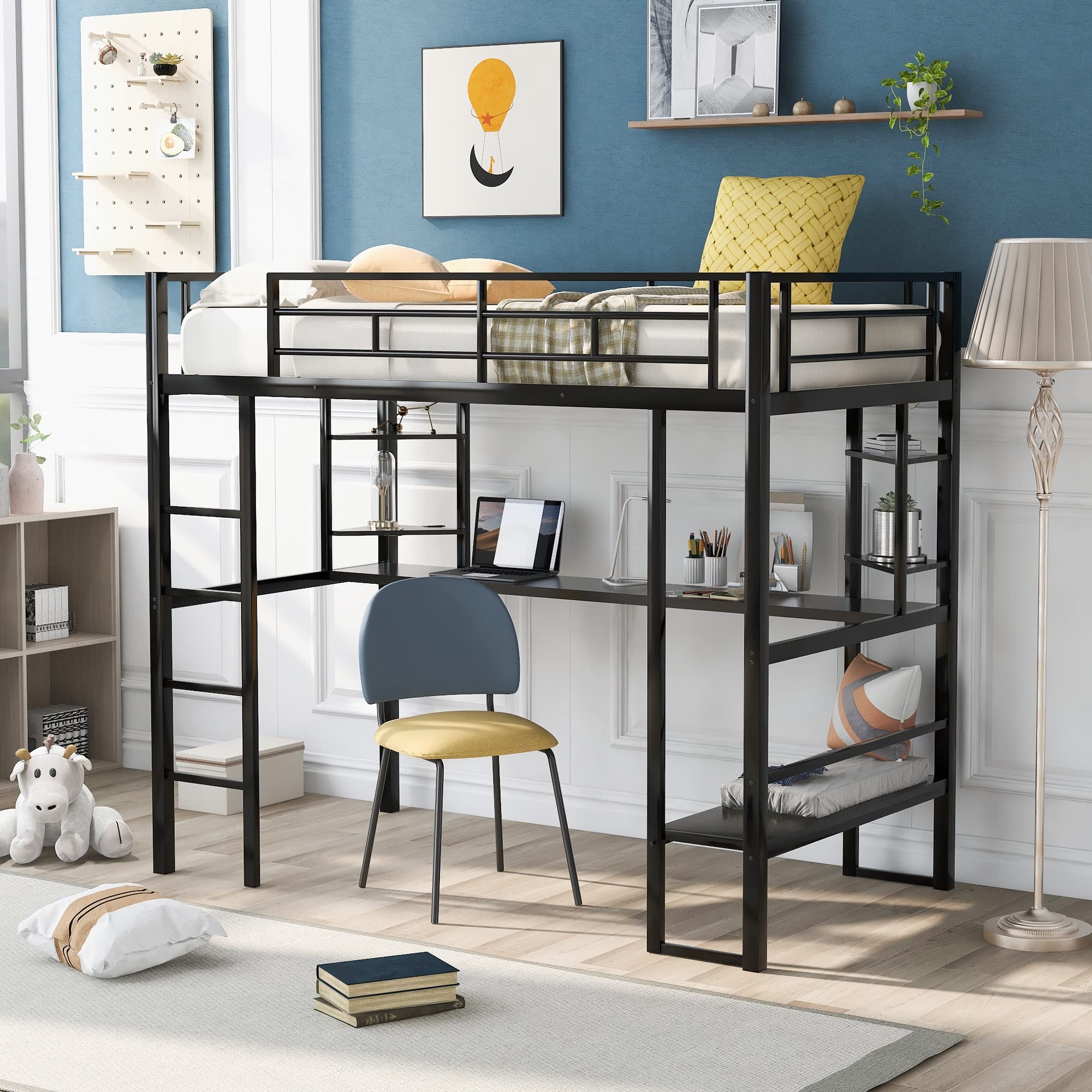 LSHIRT Twin Size Loft Bed with Long Desk & Shelves - Black, Easy Assembly | Space-Saving Study & Sleep Solution for Small Rooms & Dormitories