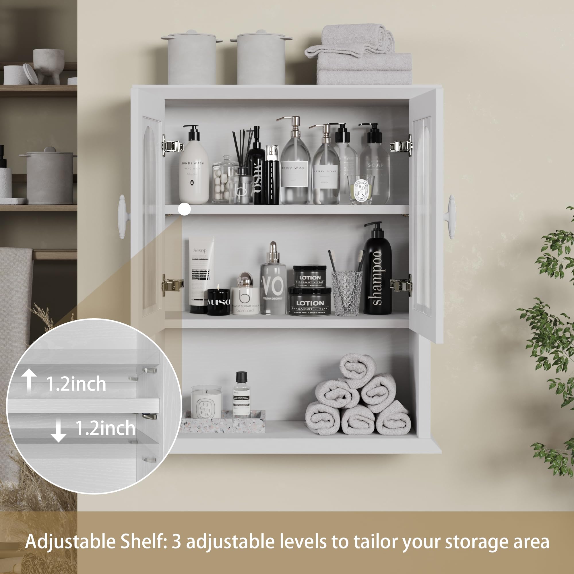 18.9'' x 23.6'' White Fluted Door Bathroom Wall Cabinet - Over The Toilet Medicine Storage Cabinet for Bathroom Organization | Perfect for Small Spaces, Apartments & Modern Bathrooms