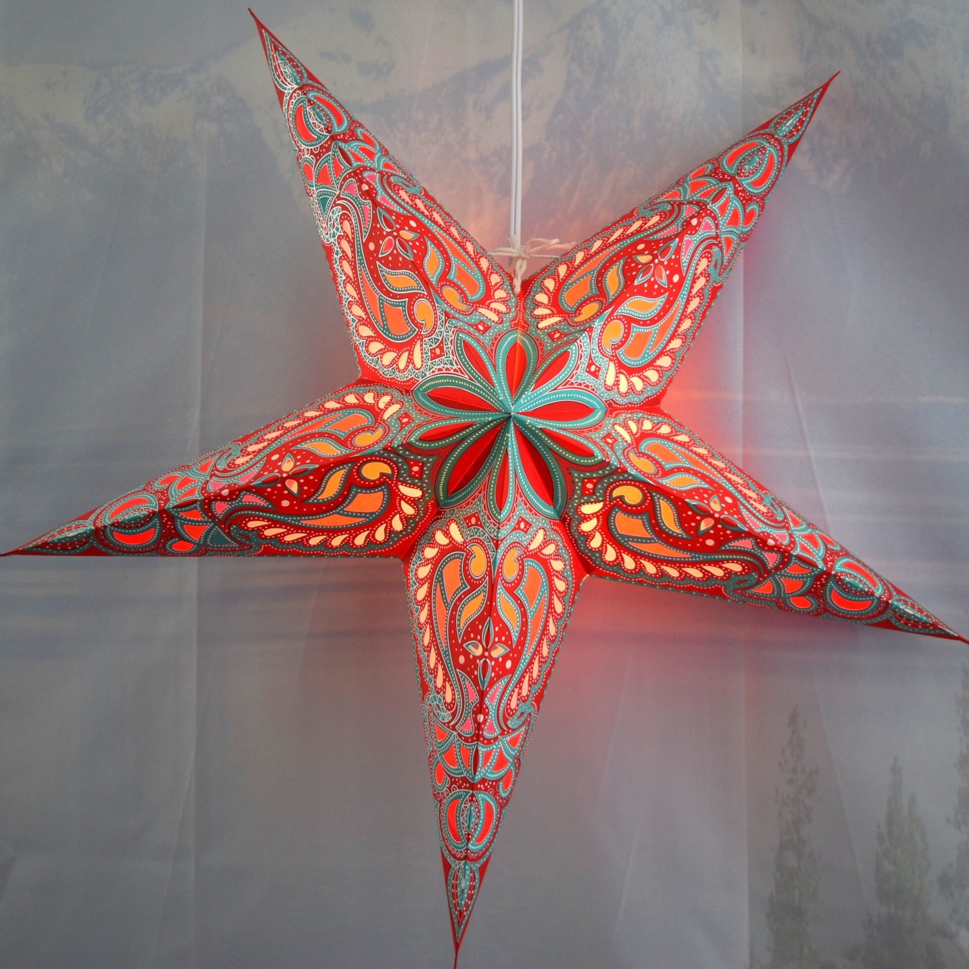 24 Inch Red Paper Star Lantern with Pendant Light - Stellar Bloom DIY Hanging Decor Kit for Bedroom, Party & Wedding Decoration