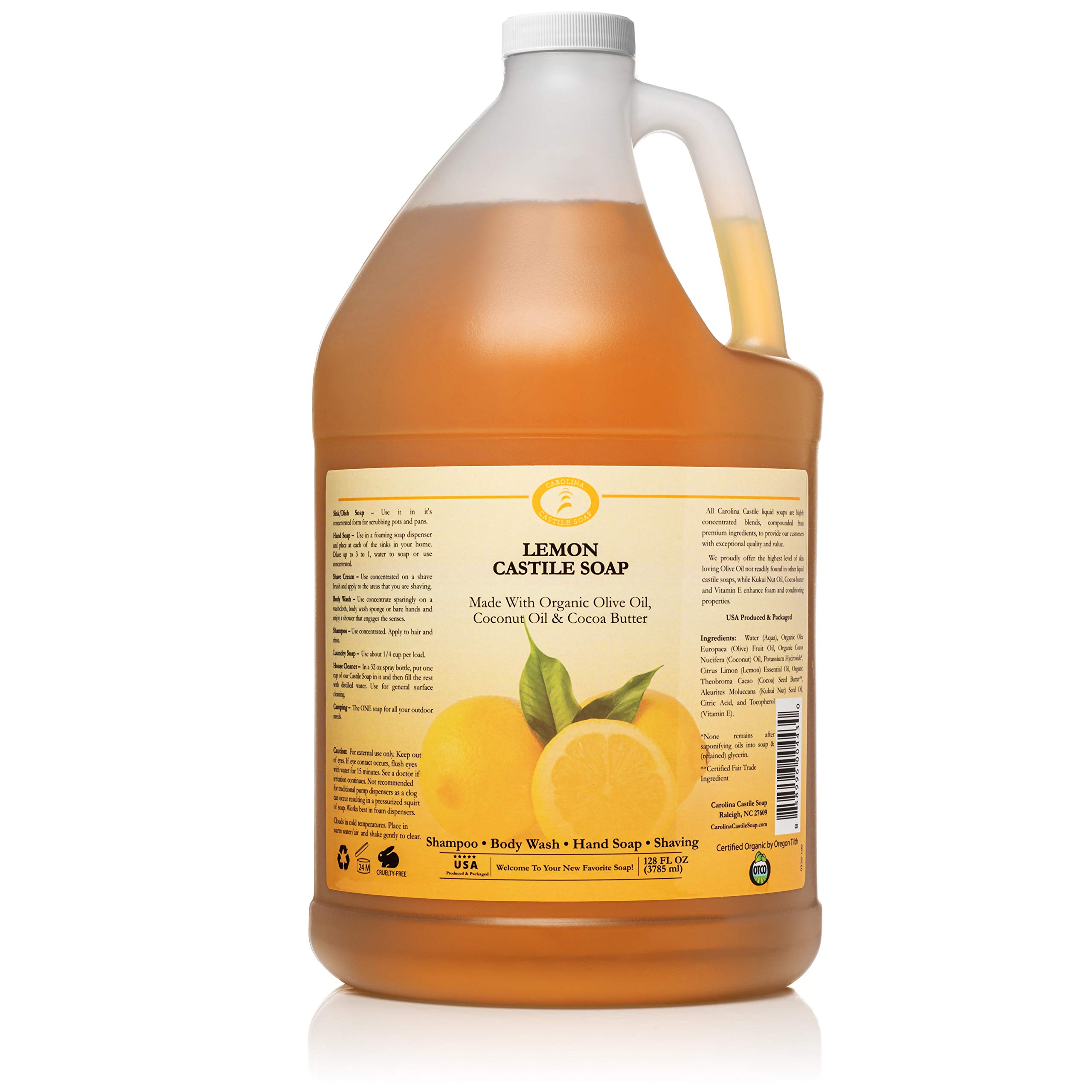 Organic Carolina Castile Soap - Lemon Scented Natural Body Wash for Men & Women | Certified Organic, High Olive Oil Content, Non-Drying Formula | Perfect for Shower, Bath & Hand Washing (1 Gallon)