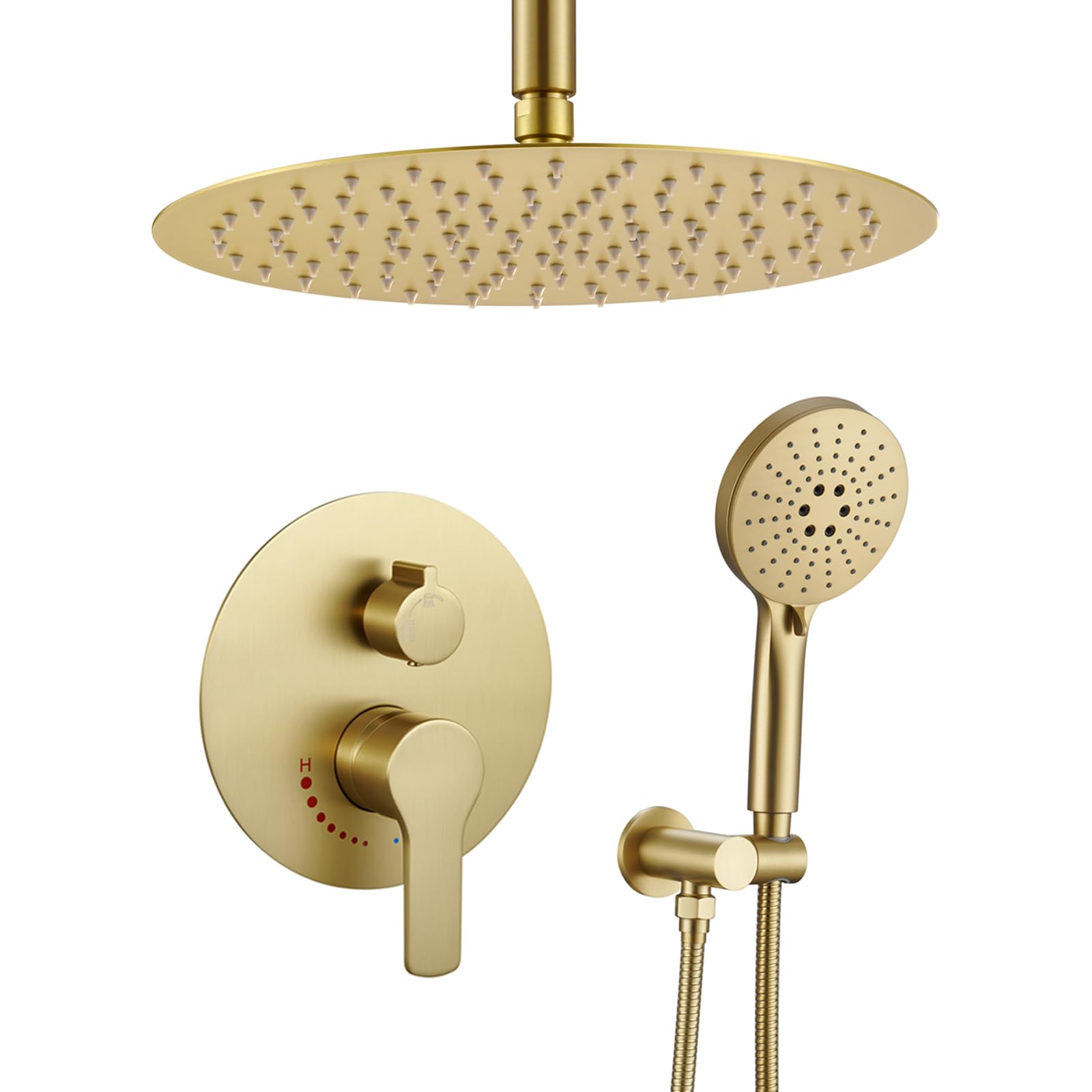 Brushed Gold Shower Faucet with Handheld Sprayer - 12 Inch Rain Shower Head System with Brass Valve - Luxury Bathroom Shower Fixtures for Spa-Like Experience, Perfect for Master Bathroom Renovation and Modern Home Upgrade