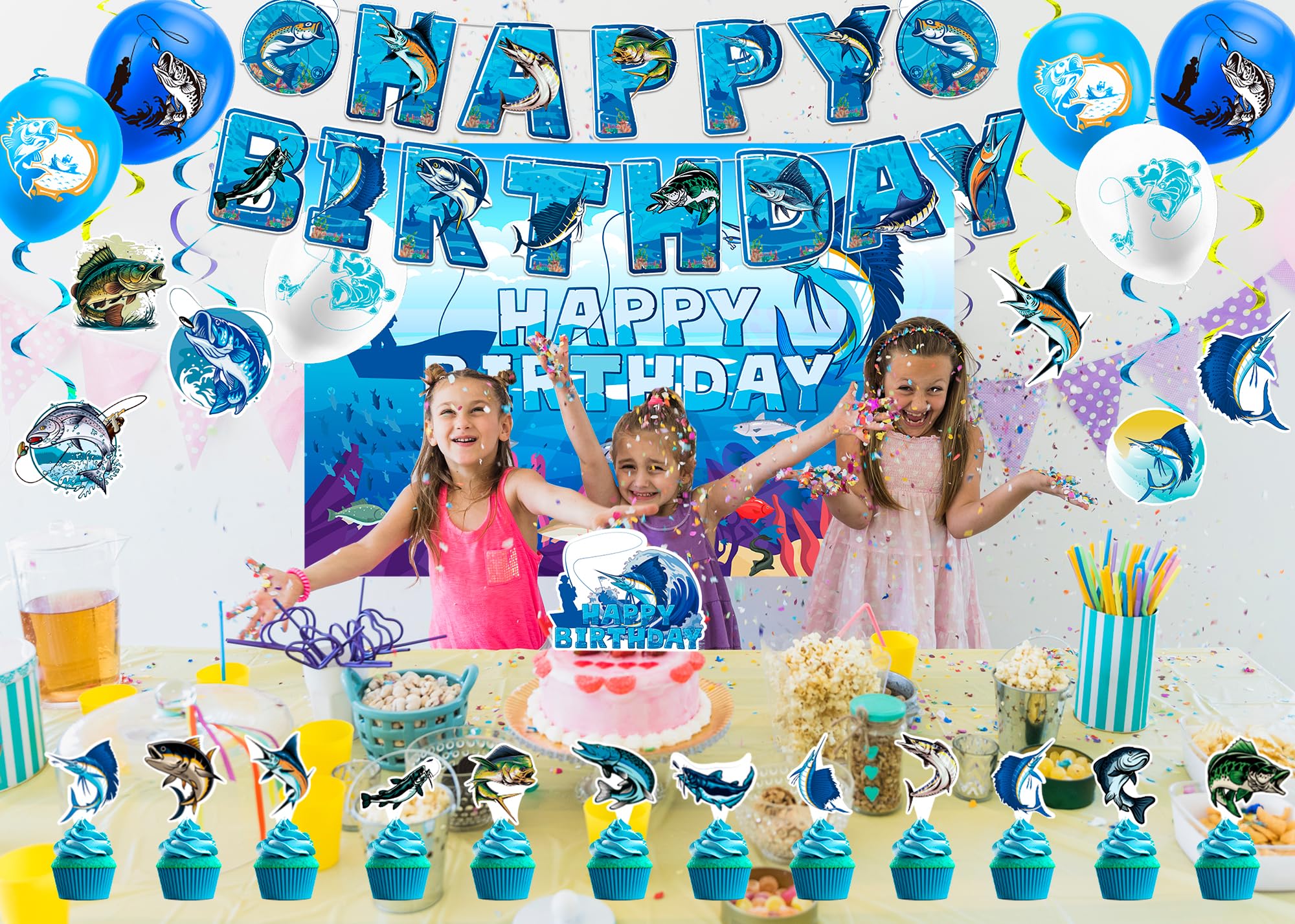Gone Fishing Birthday Party Decorations Set - Fishing Theme Banner, Swirls, Cake Topper, Cupcake Toppers & Balloons - Perfect for Fishing Themed Birthday Parties, Baby Showers & Outdoor Events