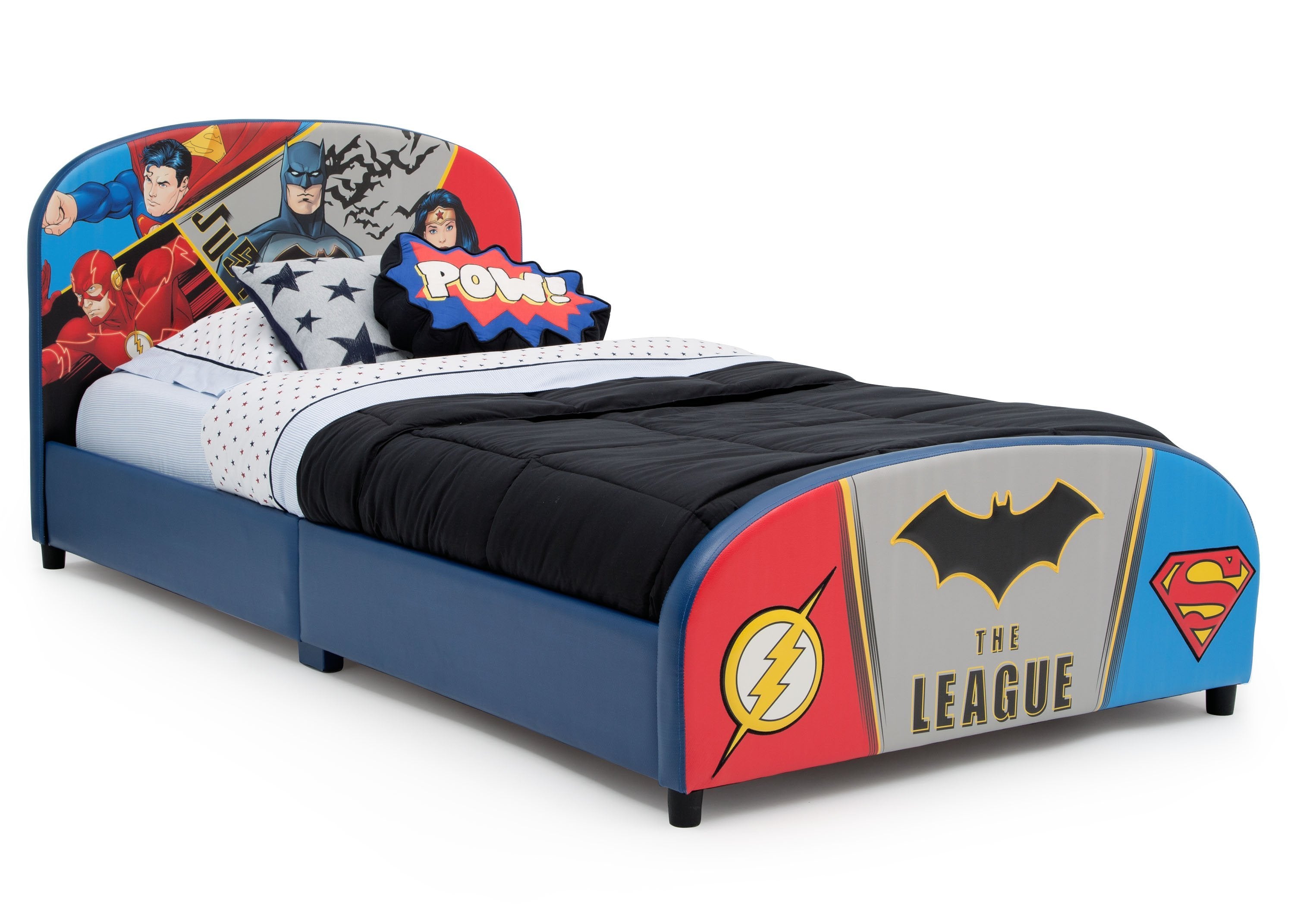 DC Comics Justice League Superheroes Twin Bed with Upholstered Headboard - Perfect for Kids' Bedroom & Superhero Themed Decor