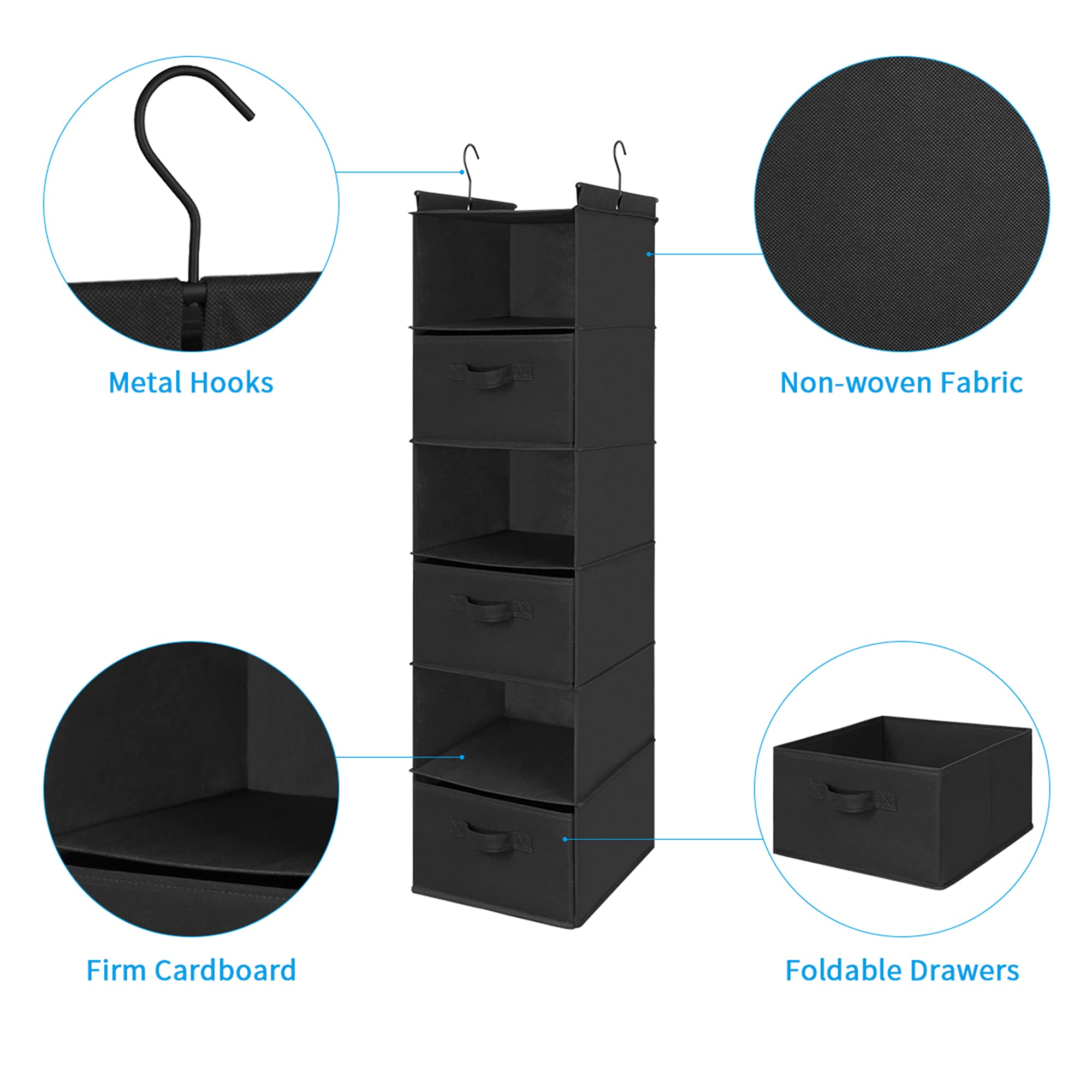 MAX Houser 6-Tier Hanging Closet Organizer with 2 Sturdy Hooks - Foldable Storage Shelf for Bedroom, Bathroom & Closet (Black-D3) - Perfect for Organizing Clothes, Shoes & Accessories
