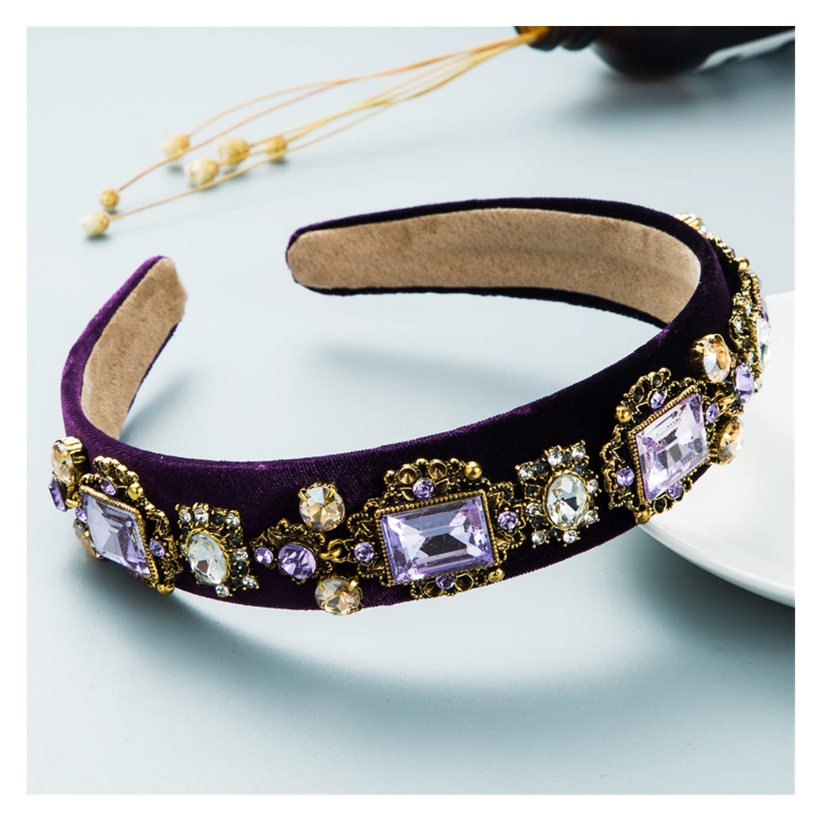 YOUMEINU Retro Baroque Rhinestone Headband for Women - Elegant Floral Hair Accessory with Glass Drill, Green & Purple Fabric Hair Hoop - Perfect for Weddings, Parties & Special Occasions