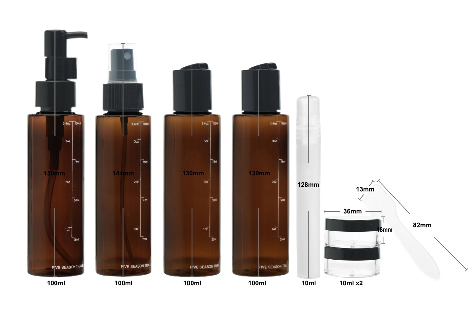9-Piece Leakproof Travel Bottles Set (3.5 fl oz/100ml) with Toiletry Bag & Labels - Brown & Black by FiveSeasonStuff | Perfect for Airplane Carry-On, Gym, Camping & Vacation Essentials