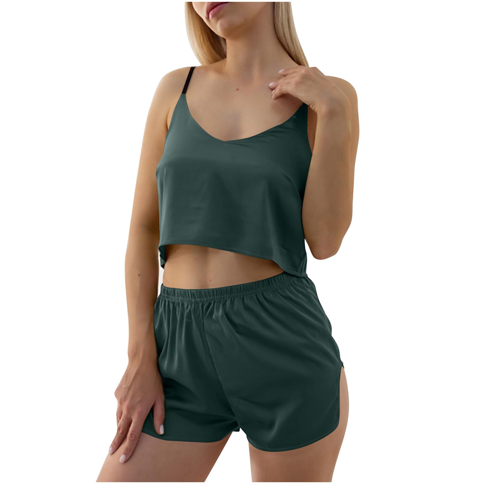 Sexy Women's Two Piece Sets - V Neck Tank Top & Shorts Lounge Wear Outfits for Summer | Solid Color Matching Sets | Perfect for Beach, Vacation, and Casual Wear