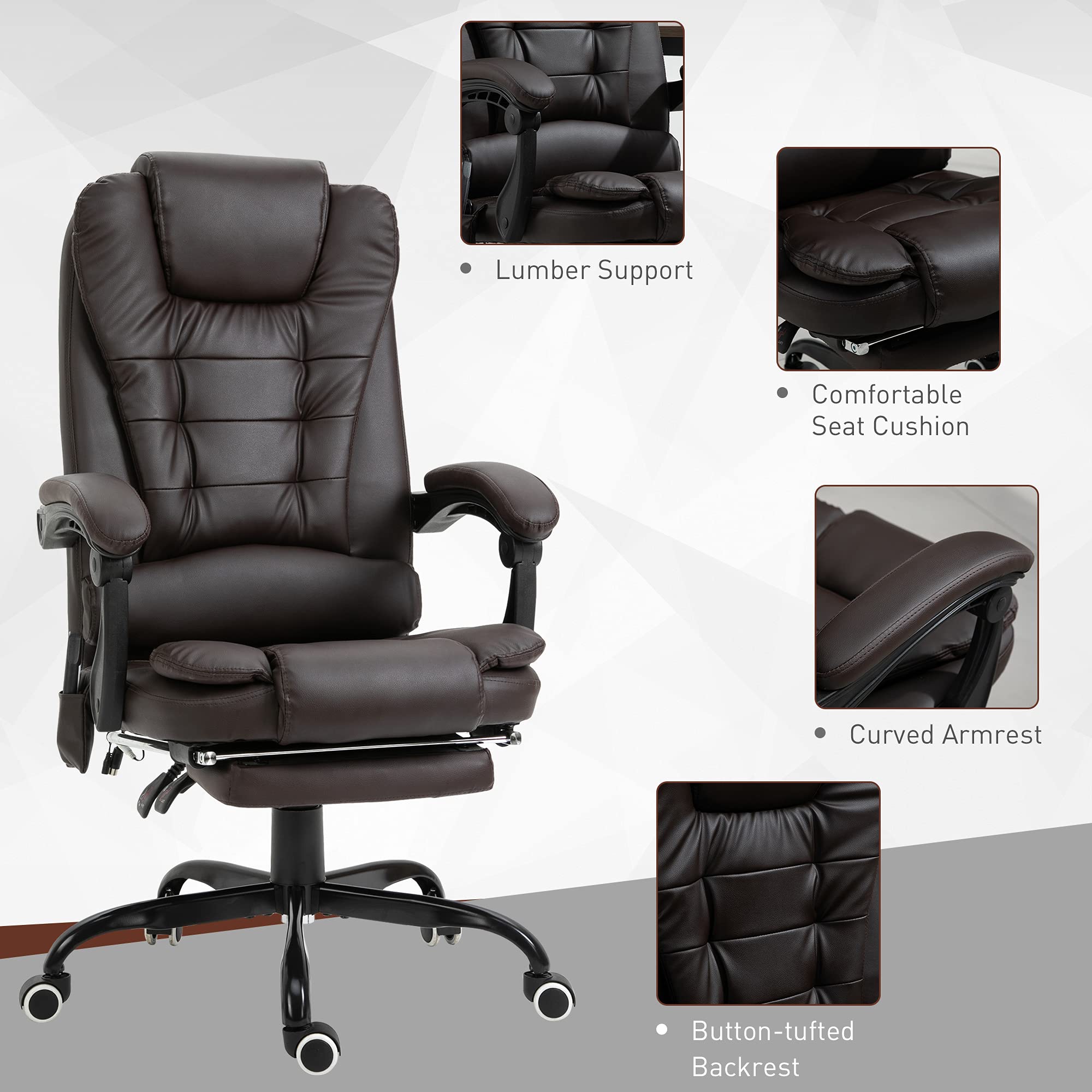 Vinsetto 7-Point Vibrating Massage Office Chair - High Back Executive Recliner with Lumbar Support & Footrest - Adjustable Height Ergonomic Chair for Home & Office - Perfect for Work, Gaming & Relaxation (Brown)