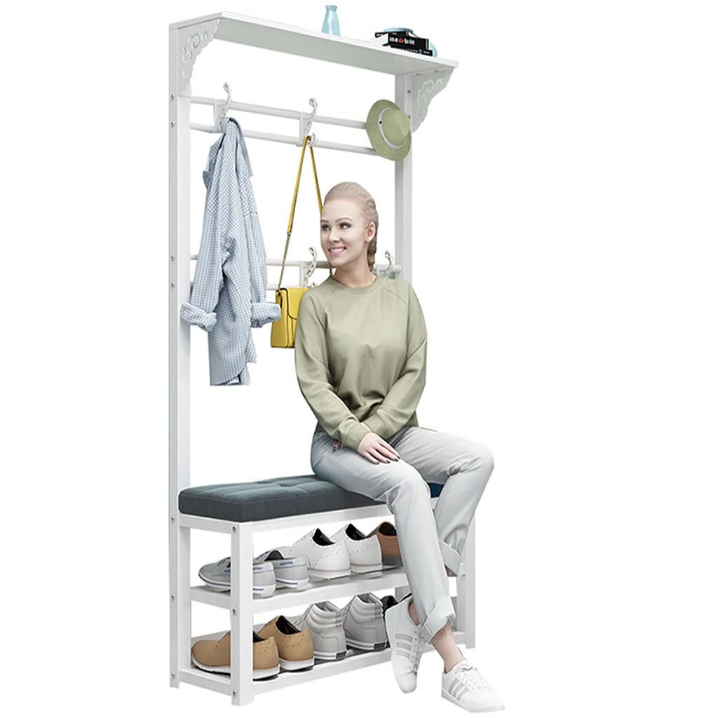 3-in-1 Entryway Hall Tree Bench with 2-Tier Shoe Storage & Seat Cushion - Space Saving Shoe Rack Organizer for Entry, Bedroom, Hallway & Living Room - Perfect for Small Spaces & Home Organization