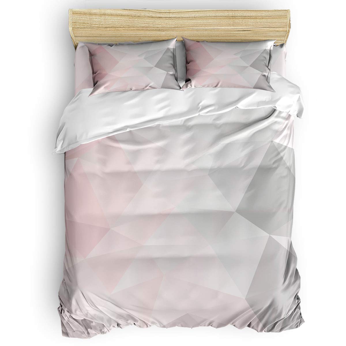 PartyShow 4-Piece Queen Size Bedding Set - Pink & Grey Gradient Geometric Triangle Pattern Comforter Cover, Fitted Sheet & 2 Pillowcases for Kids' Bedroom | Soft & Cozy Bed Sheets for Boys, Girls, Teens & Guest Rooms | Perfect for Modern Bedroom Decor, Sleepovers & Dorm Essentials