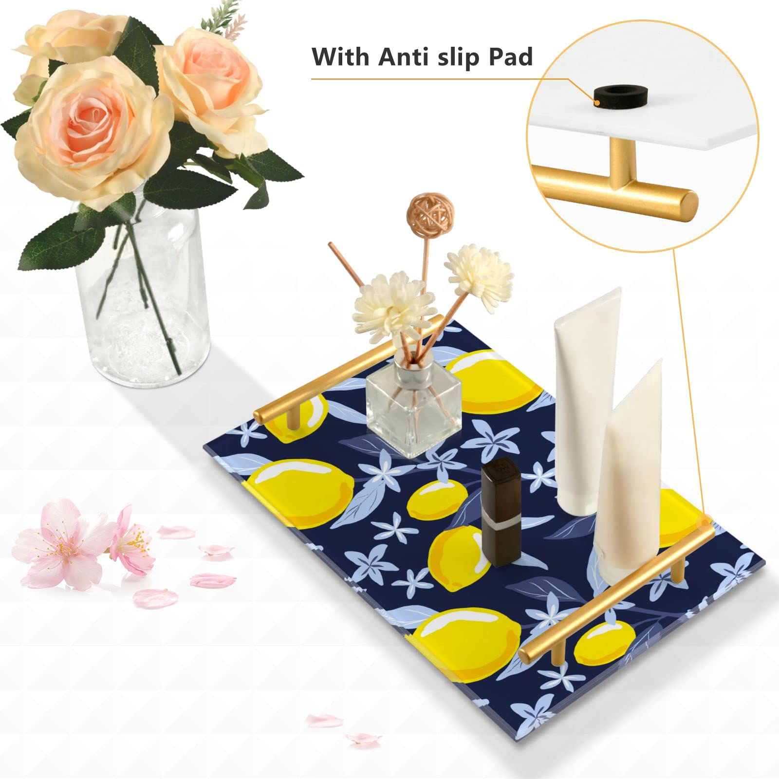 Yellow Lemons Vanity Tray with Gold Handles - Floral Leaf Decorative Tray for Perfume, Jewelry & Coffee - Makeup Organizer for Dresser, Bedroom & Kitchen - Perfect for Home Decor & Gift Giving
