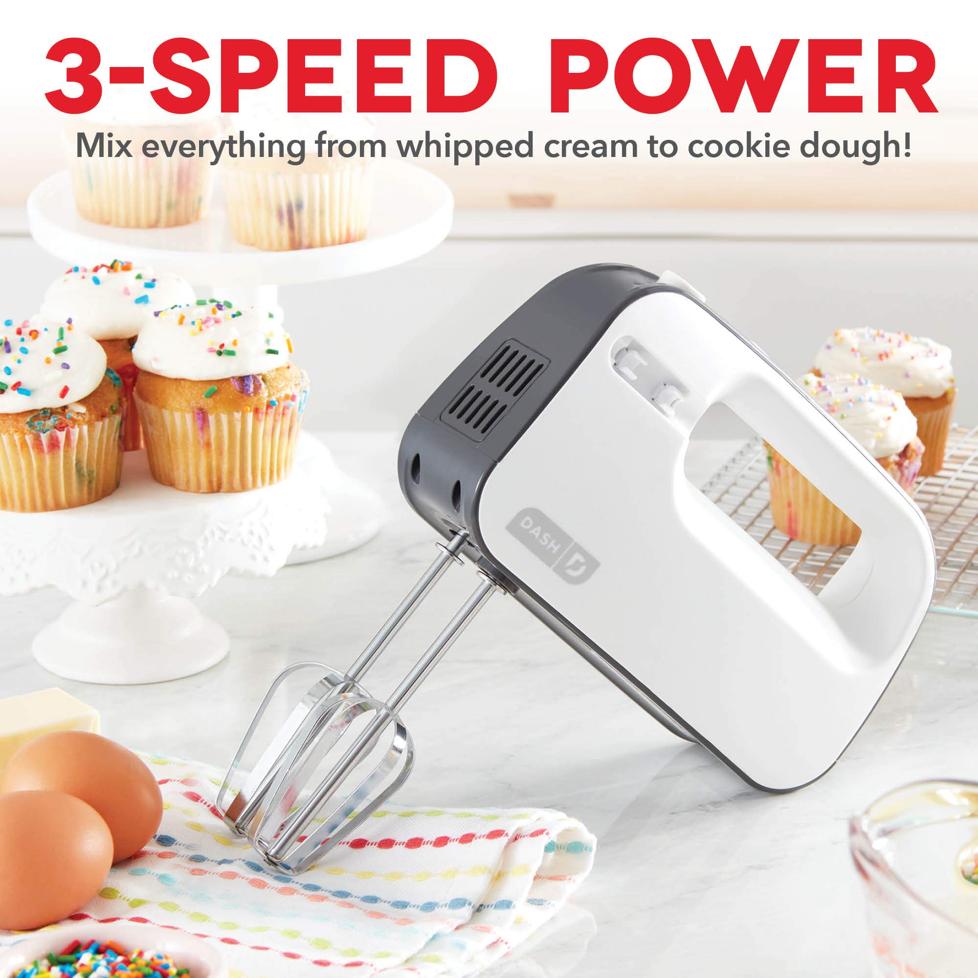 Dash SmartStore™ Deluxe Compact Electric Hand Mixer with Whisk & Milkshake Attachment - 3 Speed, 150W, Grey - Perfect for Baking Cookies, Cakes, Brownies, Dough & More - Ideal for Home Kitchen, Baking Enthusiasts & Small Batch Cooking