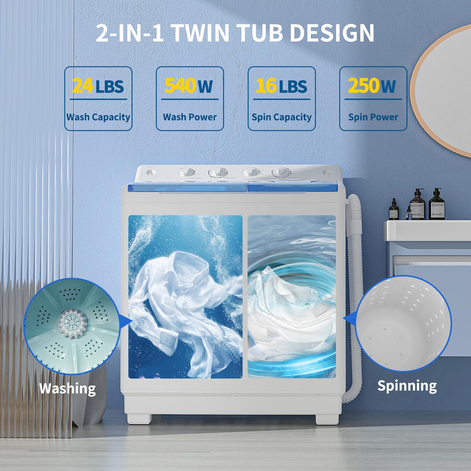Zynkez 40Lbs Portable Twin Tub Washing Machine with Built-in Drain Pump - Semi-Automatic 24Lbs Washer & 16Lbs Spinner Combo for Small Spaces, Apartments, Dorms, RVs - Perfect for Travel, Camping & Off-Grid Living