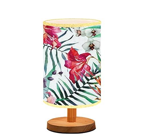 Minimalist Bedside Lamp with Watercolor Tropical Pattern & Birds of Paradise Design - Small Table Desk Lamp for Nightstand, Bedroom, Home Decor - Solid Wood Base & Flaxen Fabric Shade - Perfect Gift for Housewarming, Birthday & Relaxing Reading Time