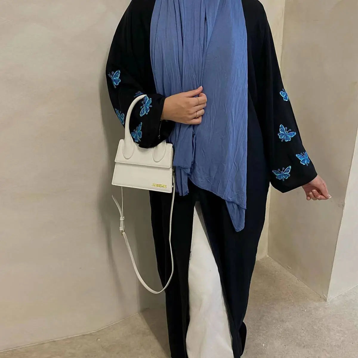 Elegant Butterfly Embroidery Cardigan Open Abaya Dress - Flowy Muslim Kaftan Cover Up for Women, Perfect for Prayer, Mosque, and Special Occasions