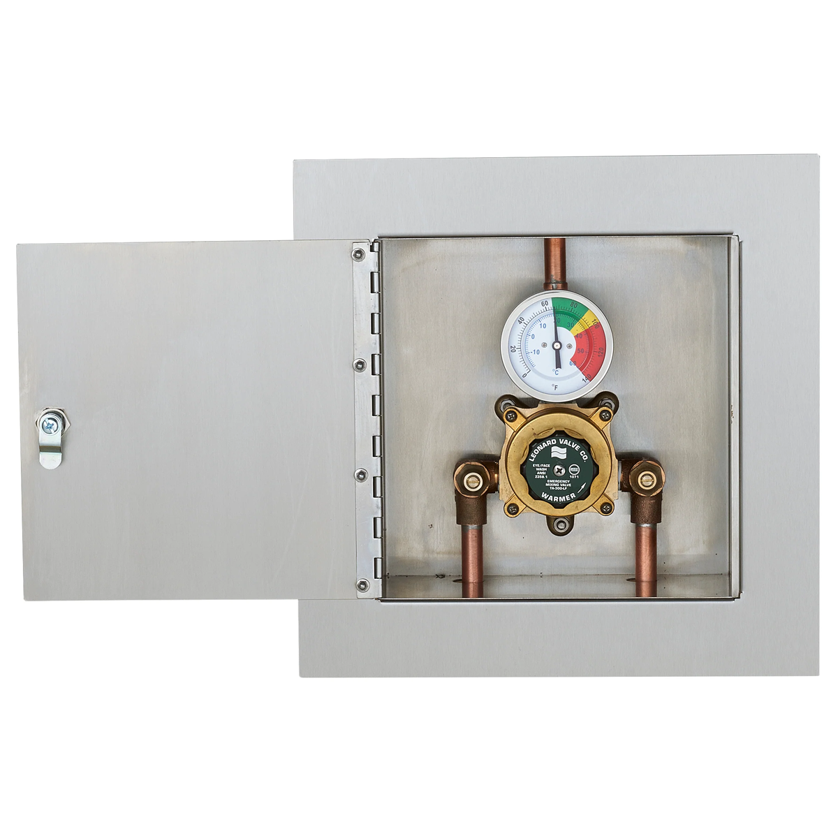 Leonard LF Single Eye/Face Wash Thermostatic Mixing Valve with Recessed Stainless Steel Cabinet Assembly, 4 GPM - Commercial Hand Washing Station for Restaurants, Hospitals, and Public Restrooms