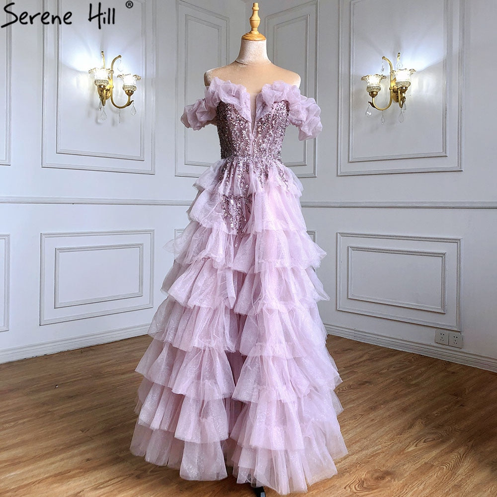 Serene Hill Lilac A-Line Evening Dresses for Women 2025 - Beaded Tiered Sexy Gown for Wedding, Party & Special Occasions | LA71414