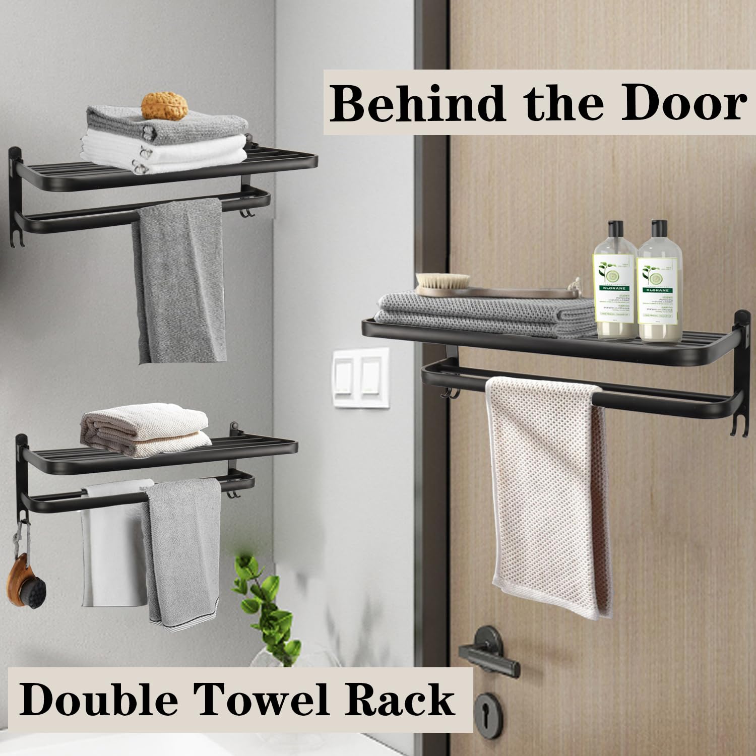 Stainless Steel Bathroom Towel Rack - Double Towel Bar & Foldable Shelf - Wall Mounted Rustproof Towel Organizer for Bathroom, Balcony, Laundry Room (16 Inch, Black) - Perfect for Small Spaces & Modern Home Decor