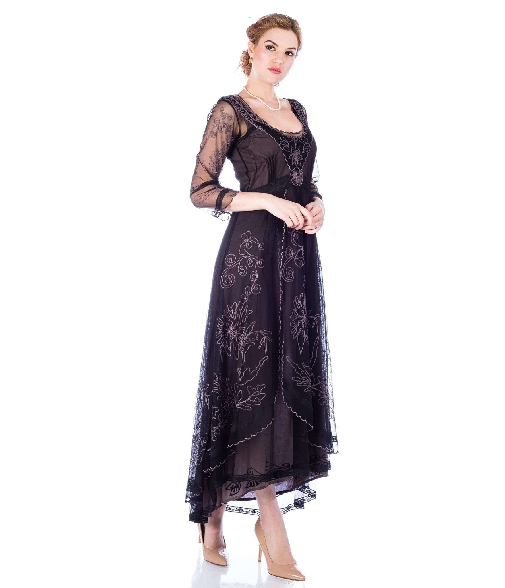 Nataya Black Embroidered Tulle Downton Abbey Edwardian Tea Party Dress - Vintage Inspired Formal Gown for Costume Parties, Weddings & Special Occasions