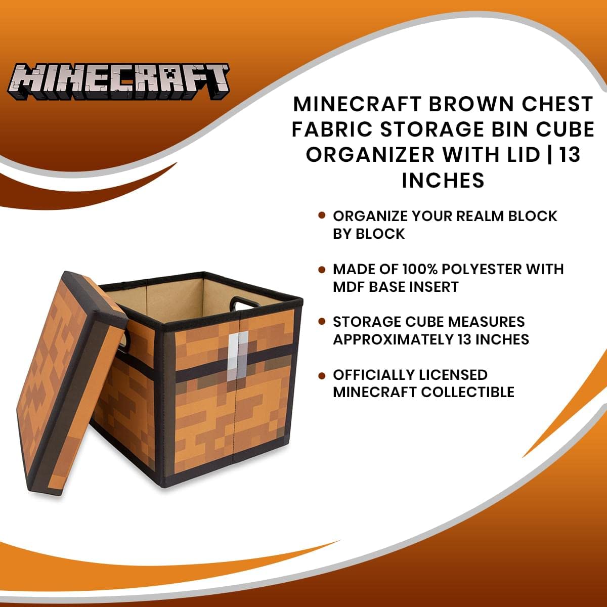 13-Inch Foldable Fabric Storage Bin with Lid - Brown Minecraft Chest Organizer for Shelves & Closets | Cube Basket with Handles | Perfect for Home Organization, Video Game Decor & Gifts | Great for Bedroom, Playroom & Office Storage Solutions