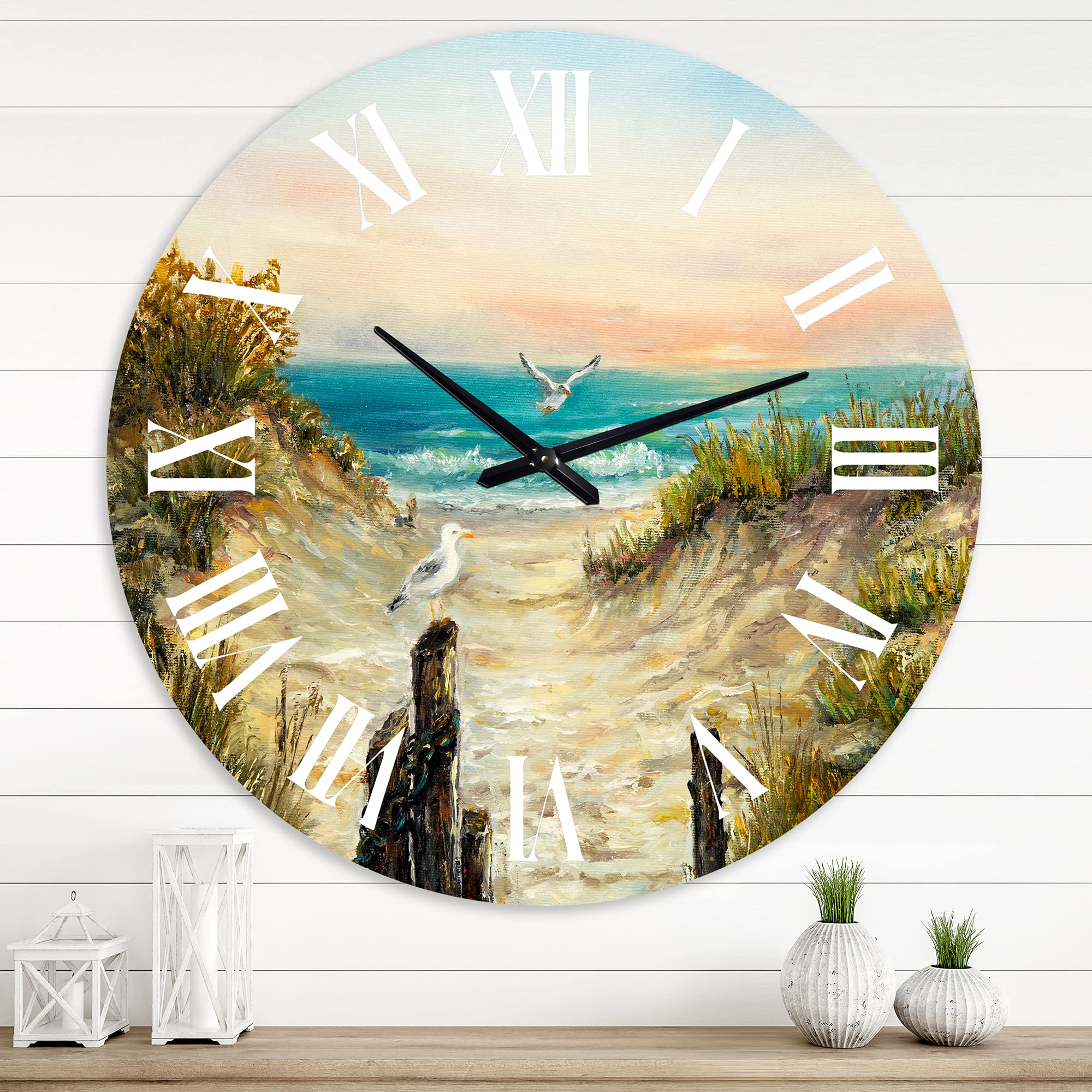 DesignQ Nautical Coastal Wall Clock - 'Ocean Dunes During Pink Sunset' Blue Round Clock for Living Room, Bedroom, Office Decor | Perfect for Beach House, Coastal Theme & Home Interior Design