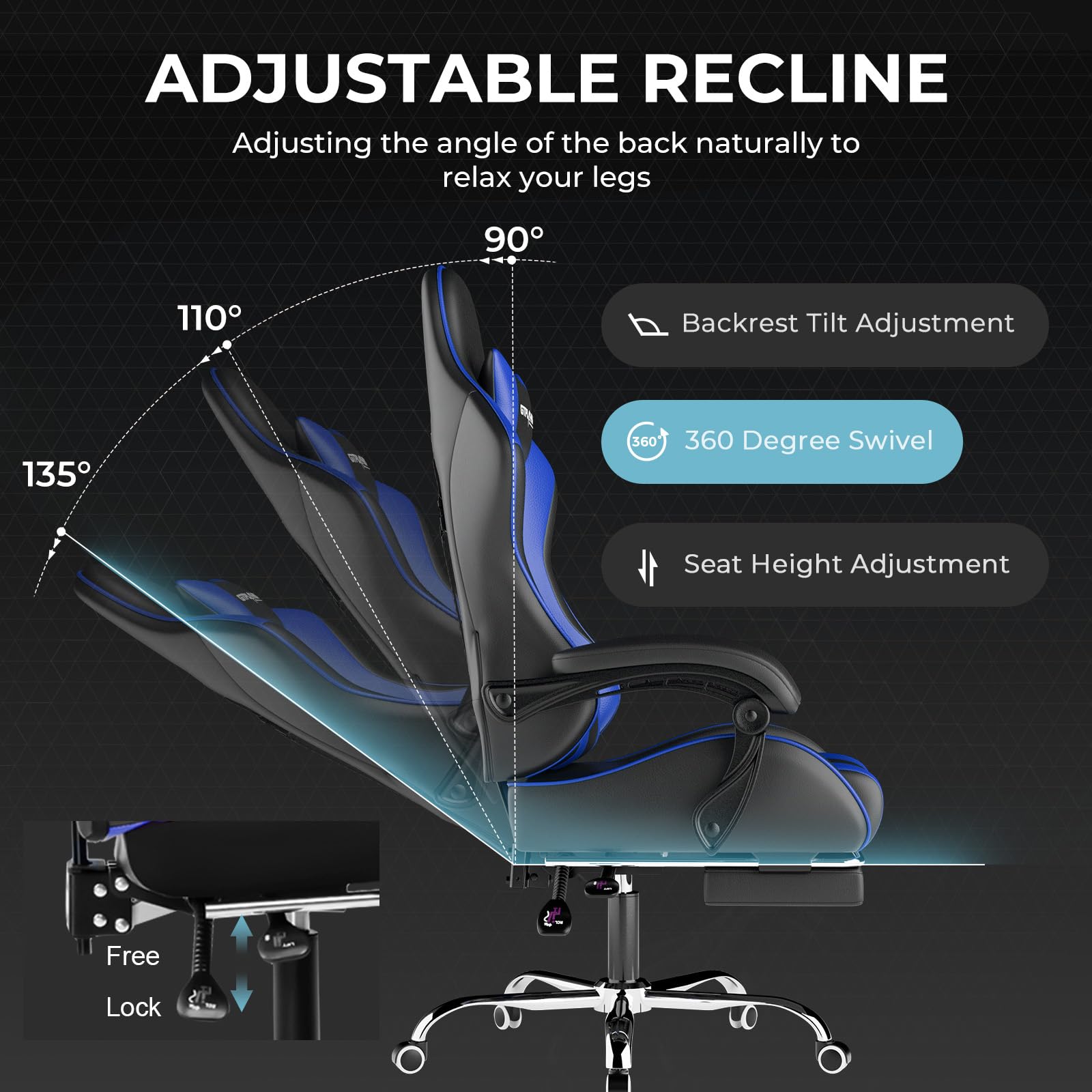GTPLAYER Ergonomic Gaming Chair with Adjustable Lumbar Support & Footrest - 360° Swivel Office Chair with Headrest for PC, Computer, Video Games & Home Office (Blue) - Perfect for Long Gaming Sessions & Work From Home Comfort
