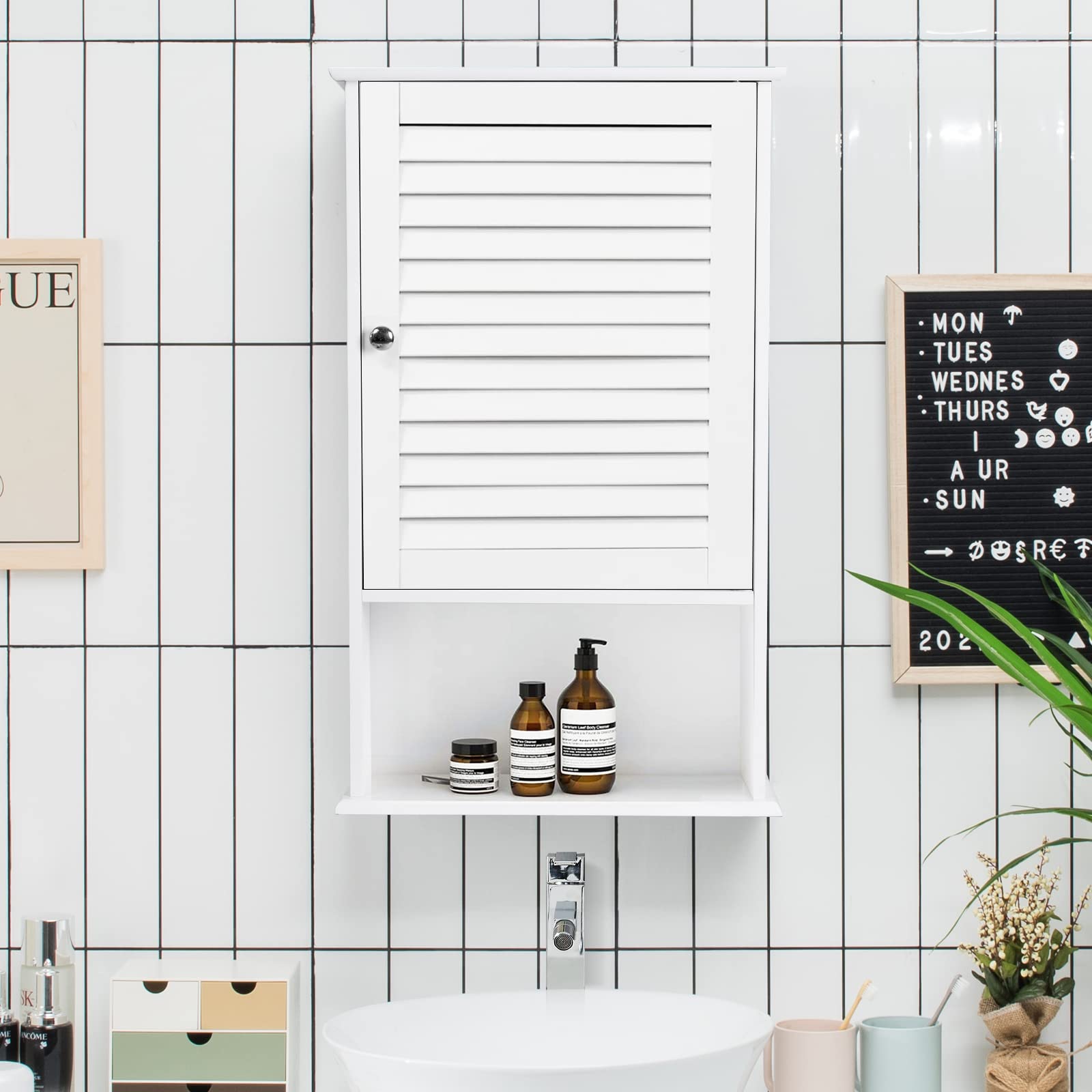 Tangkula Wall Mounted Medicine Cabinet - Single Door Wooden Bathroom Storage with Adjustable Shelf | Perfect for Bathroom Organization & Small Space Storage