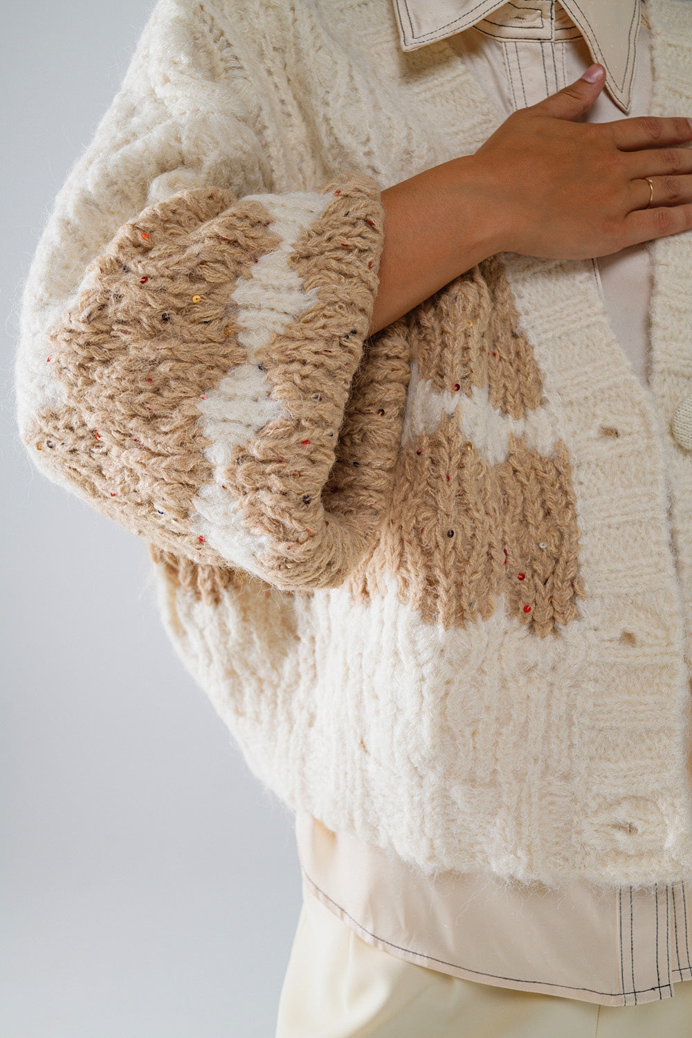 Chunky Knit Striped Cardigan with Glitter Details - Cream - Cozy Winter Wear for Women, Perfect for Casual Outfits & Holiday Parties