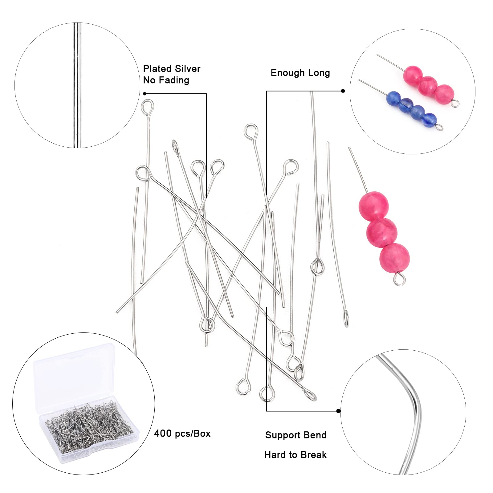 304 Stainless Steel Jewelry Eye Pins - 0.6x30mm 24 Gauge Silver Head Open Eye Pins (400pcs/Box) - Perfect for DIY Earrings, Necklaces, Bracelets & Charm Jewelry Making - Durable Findings for Professional & Hobby Crafters