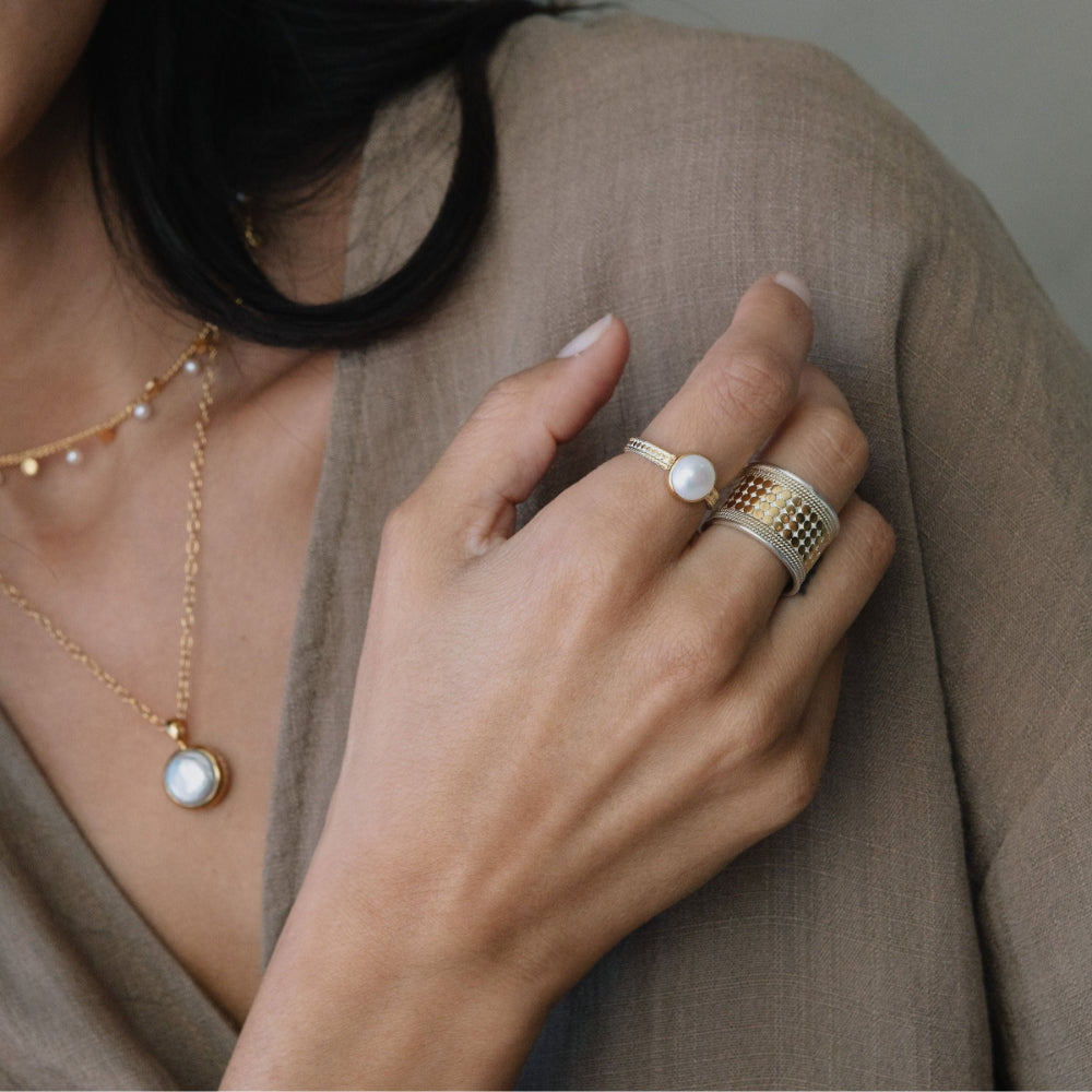 Anna Beck Medium Pearl Stacking Ring - Elegant Adjustable Sterling Silver Ring for Women, Perfect for Layering, Gift Giving & Everyday Wear