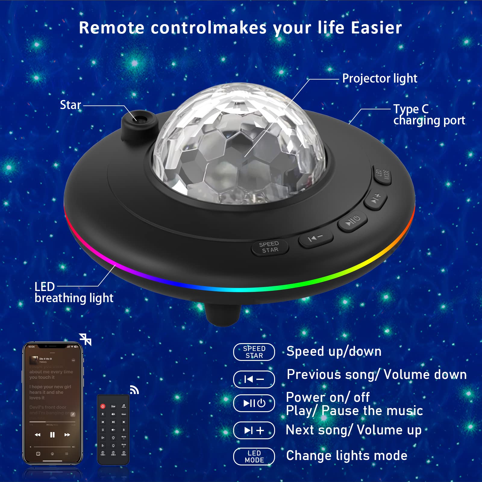 Galaxy Projector Star Night Light with Ocean Wave Effect, Bluetooth Music, Remote Control & Timer - Color Changing LED Lamp for Kids & Adults Bedroom, Party, Birthday, Relaxation & Meditation